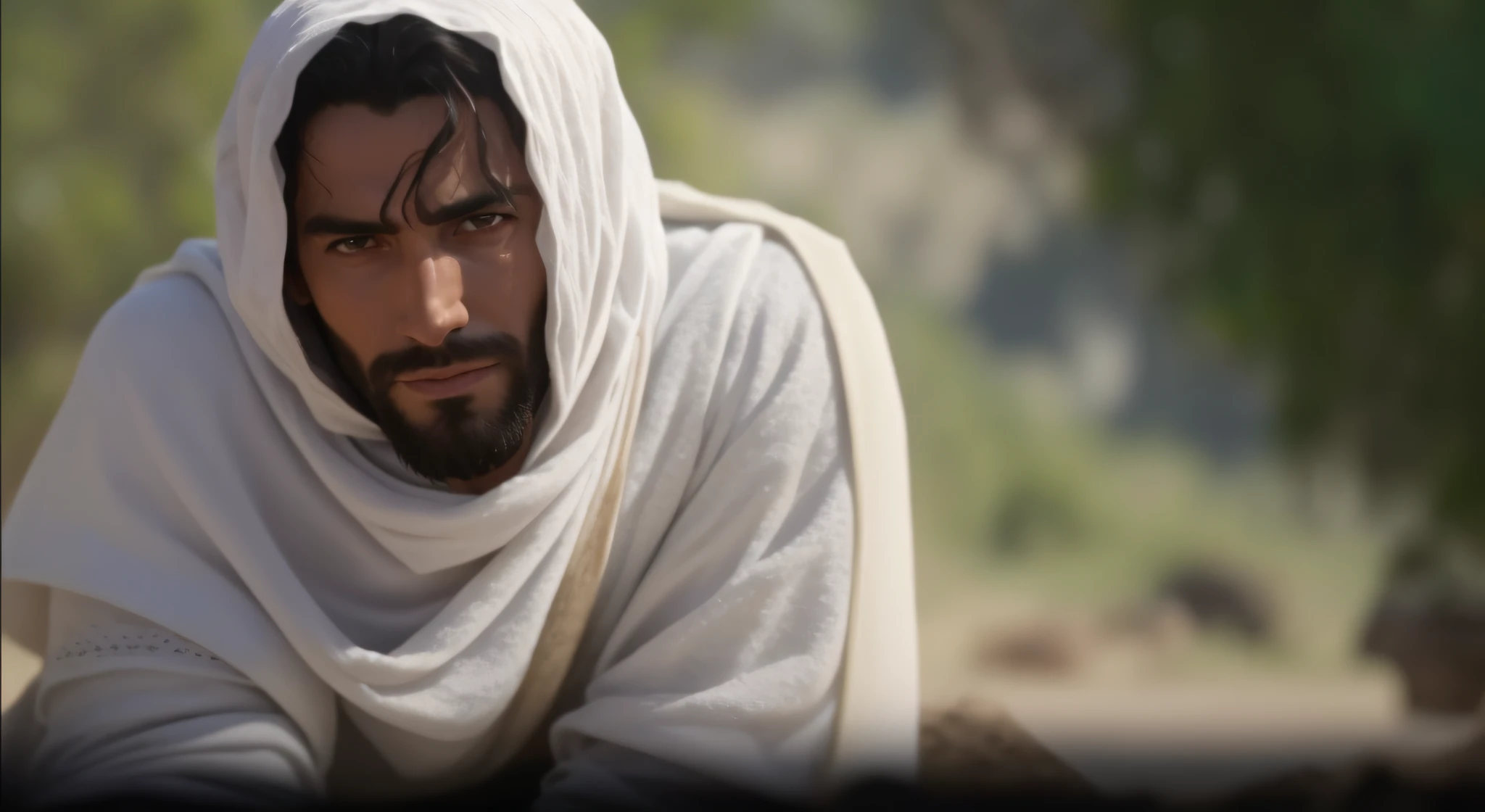 Homem arafed em um manto branco sentado em um banco, still image from tv series, jesus of nazareth, ainda de um filme live action, ainda do filme, Ainda de um filme de Terence Malik, ainda do filme, youtube video screenshot, captura de tela de um filme, Ainda quadro de um filme, ainda filmado do filme, ainda do filme