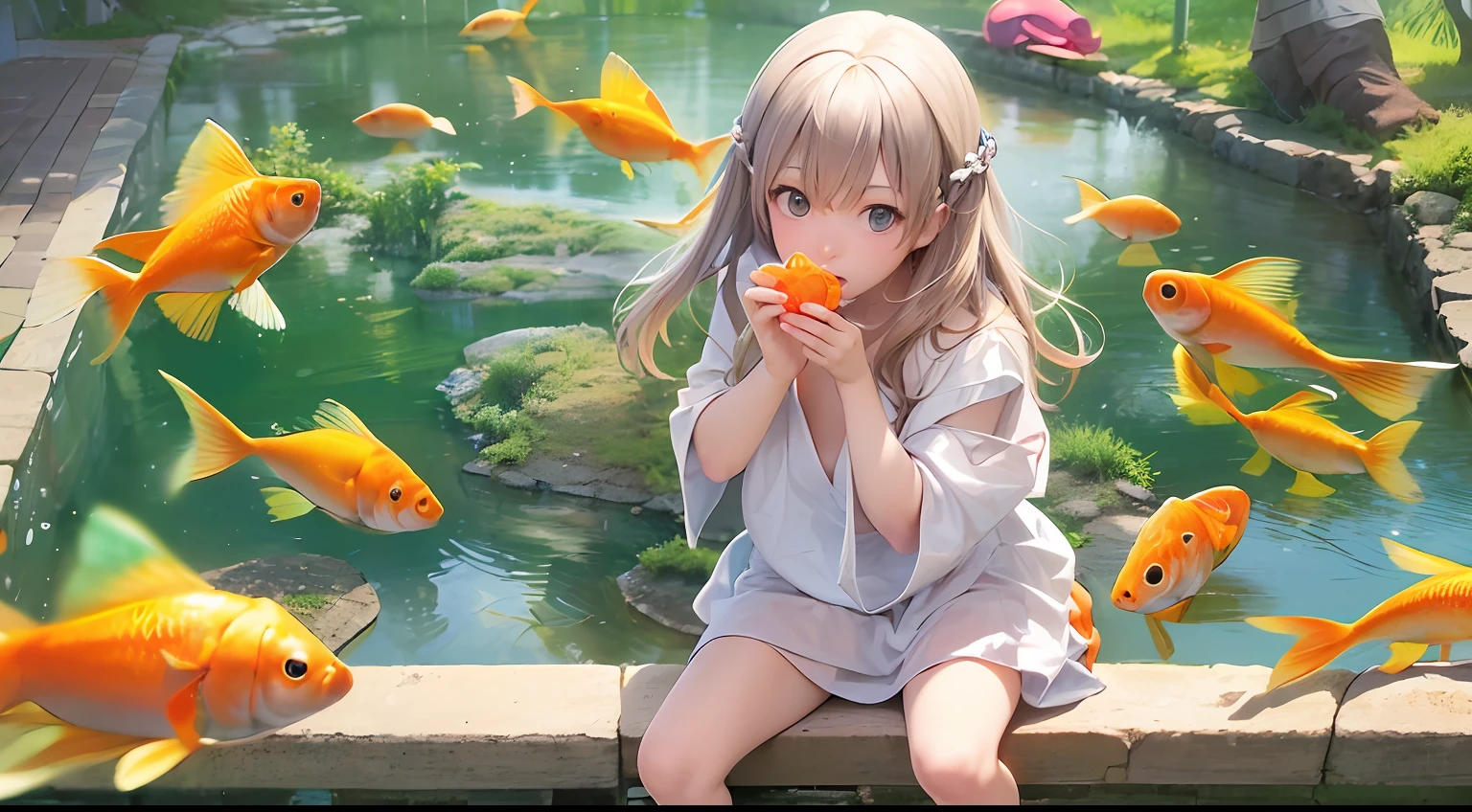 (masutepiece:1.2),(Best Quality:1.1),(Ultra-detailed:1.1),(Realistic:1.2),(Colorful:1.2),(Young girls:1.3),(Japanese:1.1),(Clothing samples:1.1),(Girls playing with goldfish scoop:1.3),(Colorful contact lenses:1.2),(FULL BODYSHOT:1.2),(Summer:1.1)