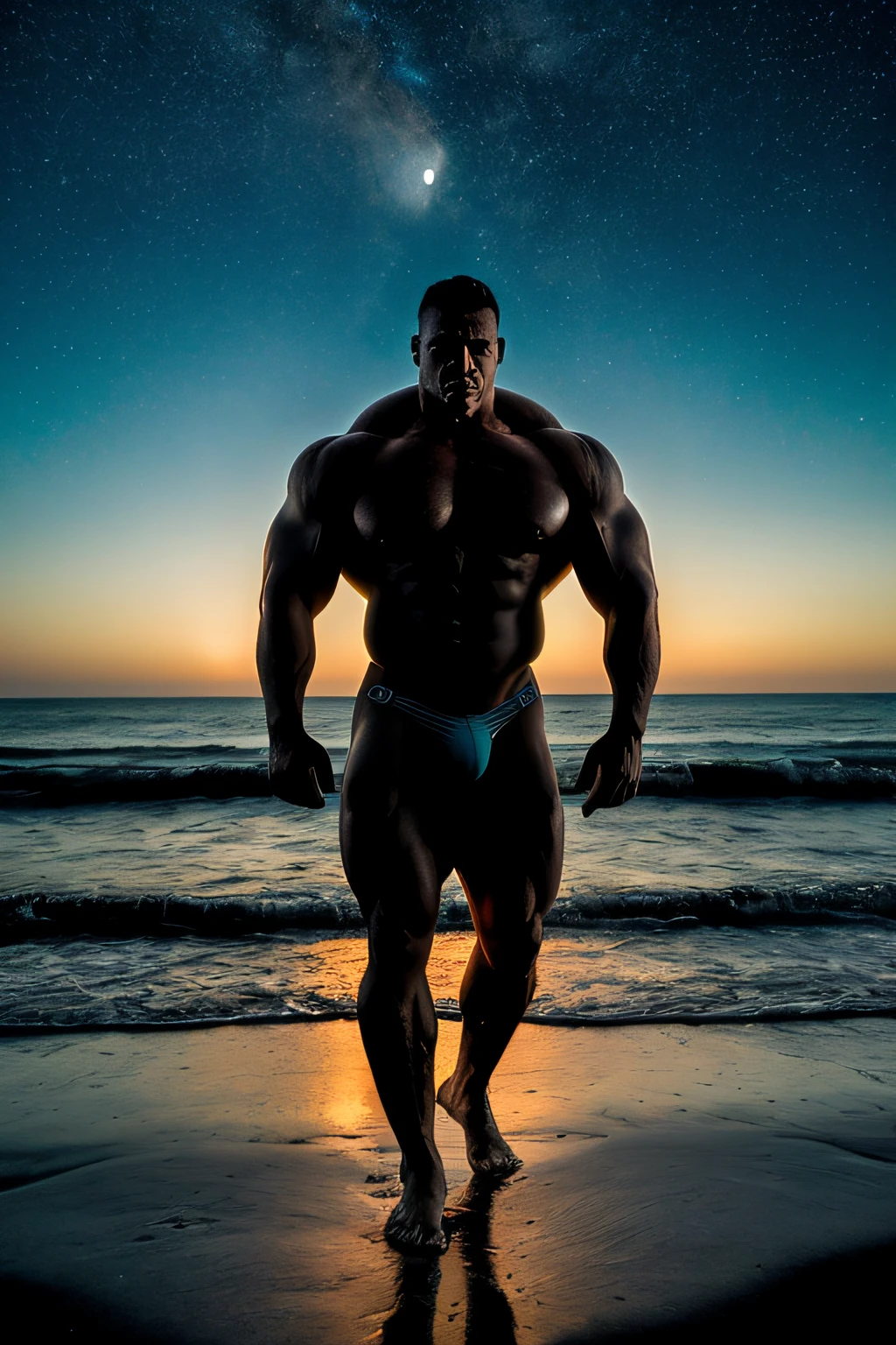 There is a (huge) muscular man standing on a smoky beach, bodybuilder body, He is wearing a tight black thong, he is walking on the edge of the beach with the water, while the waves are crashing behind him, a night sky dotted with stars and an ominous moon behind him, knee-deep in smoke or mist, the man's eyes glow cyan, his handsome face (and pectorals) lightly outlined. Deep Colors and Dark Shadows, Contest Highlights, Inspired by George Barrett, Jr., Volumetric Atmosphere, Silhouettes, Official Photos, Sinister