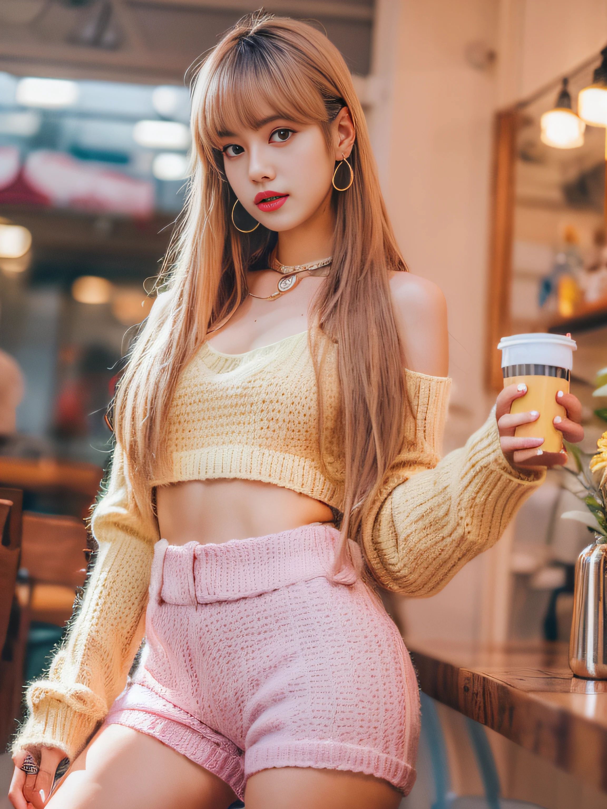 Lisa light yellow long hair, Lisa face shape, pink bottom knitted vest, open waist, bare shoulders, micro milk, pink knitted shorts hot pants, accessories, sexy, open waist long legs, café, masterpiece, superlative, realistic, HD, photography lighting, 16k