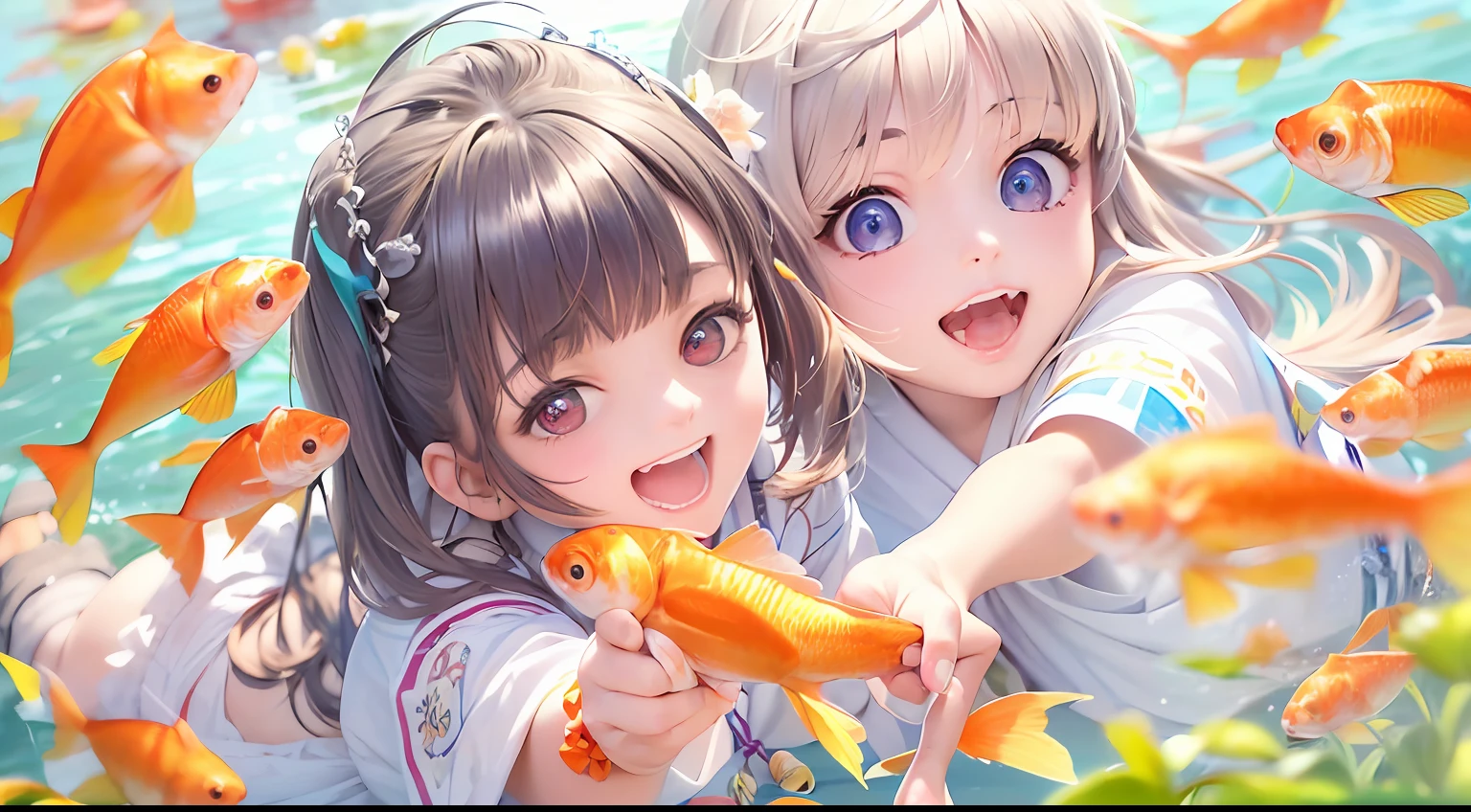 (masutepiece:1.2),(Best Quality:1.1),(Ultra-detailed:1.1),(Realistic:1.2),(Colorful:1.2),(Young girls:1.3),(Japanese:1.1),(Clothing samples:1.1),(Girls playing with goldfish scoop:1.3),(Colorful contact lenses:1.2),(FULL BODYSHOT:1.2),(Summer:1.1)