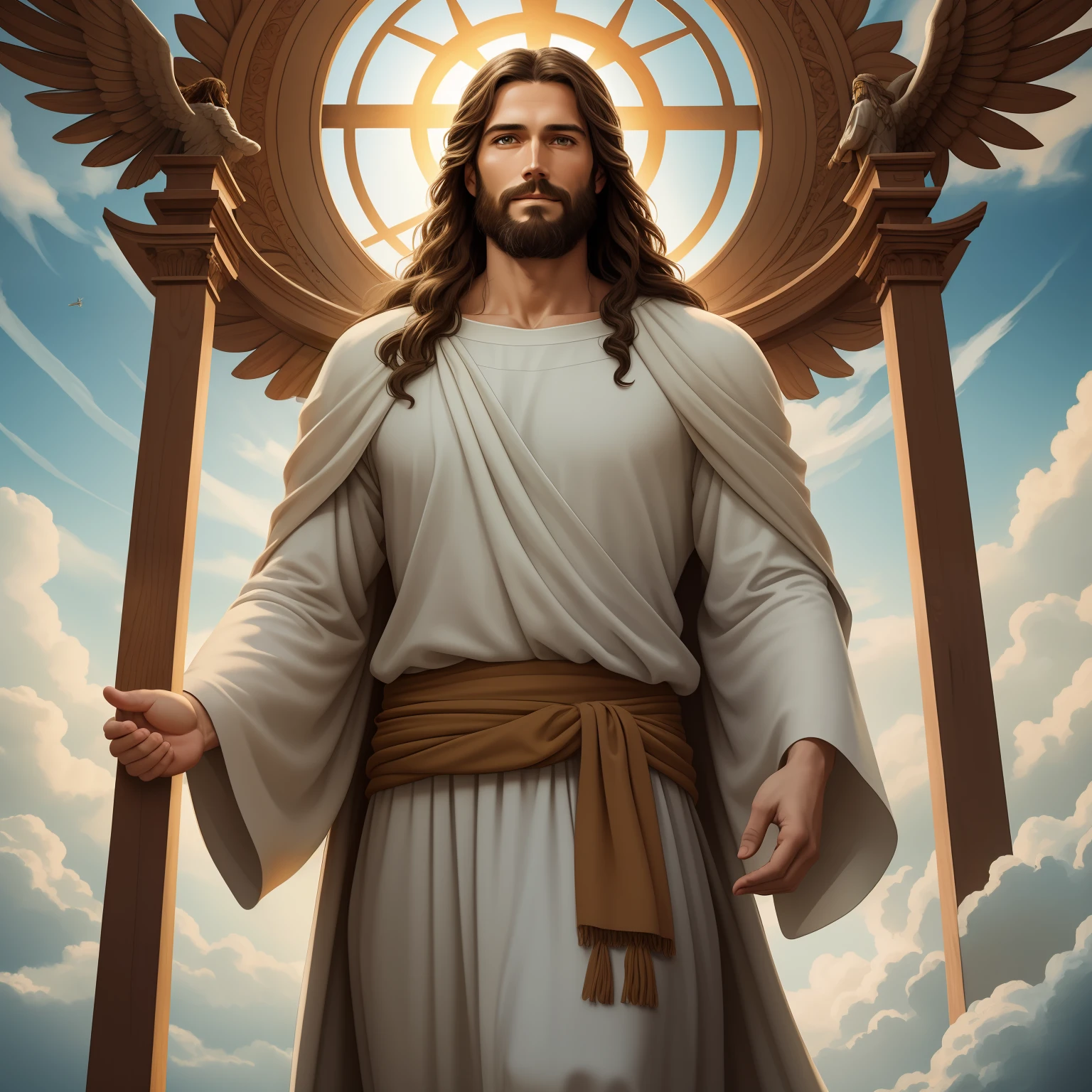 A handsome god Jesus christ ( jesus) blessing to the sky  35 years old with a long brown hair and long beard, heaven blessings light with a cross background)  happy face, realistic 8k,A beautiful ultra-thin realistic portrait of Jesus, the prophet, a man 35 years old Hebrew brunette, short brown hair, real perfect eyes, long brown beard, with, Helping People , wearing long linen tunic closed on the chest part, in front view, full body, biblical, realistic,by Diego Velázquez,Peter Paul Rubens,Rembrandt,Alex Ross,8k, Concept Art, PhotoRealistic, Realistic,  Illustration, Oil Painting, Surrealism, HyperRealistic, helping people , Digital art, style, watercolorReal Jesus flying on sky with a flying cloud in the background, Jesus walking on water, biblical illustration, epic biblical representation, forcing him to flee, coming out of the ocean, ! holding in hand!, disembarking, god of the ocean, beautiful representation, 8k 3D Model, realistic,
a 3D Realistic of jesus with a halo in the sky, jesus christ, smiling in heaven, portrait of jesus christ, jesus face, 35 young almighty god, portrait of a heavenly god, greg olsen, gigachad jesus, jesus of nazareth, jesus, the face of god, god looking at me, he is greeting you warmly, he is happy, avatar image