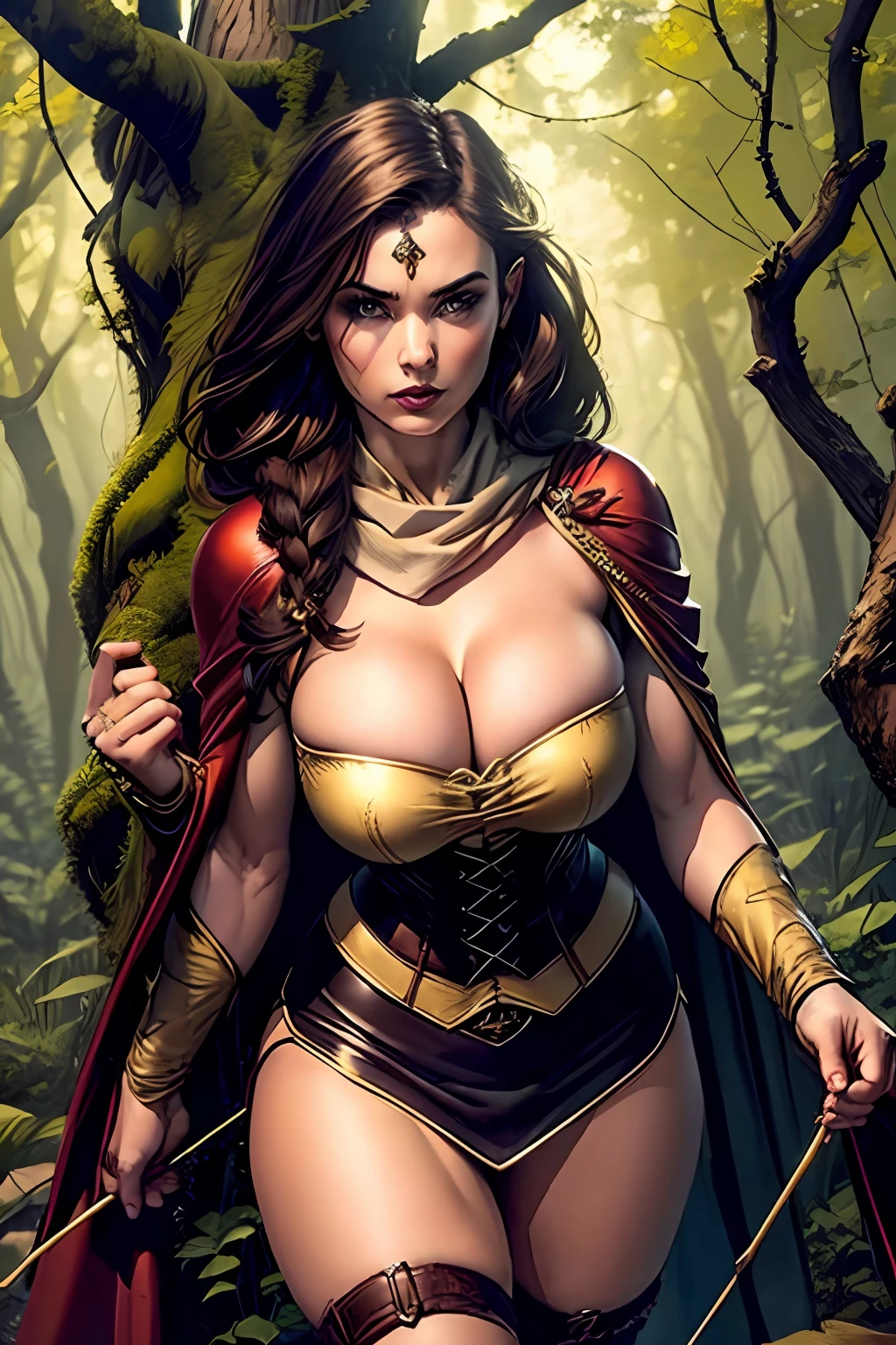 (masterpiece, top quality, best quality, official art, beautiful and aesthetic:1.2), (1girl:1.3), dark brown hair in a single (braid), extremely detailed, portrait, looking at viewer, solo, (full body:0.6), detailed background, close up, cat eyes, (warm summer forest theme:1.1), (elf) ranger, charlatan, smirk, mysterious, walking in forest, revealing ranger attire, brown leather, cowl, cloak, corset, long boots, buckles, straps, pouches, bow and arrow, green fabric, brown leather, (((gigantic breasts, cleavage, skindentation))), slim waist, slim hips, long legs, medieval (forest exterior:1.1) background, dark mysterious lighting, shadows, magical atmosphere, dutch angle