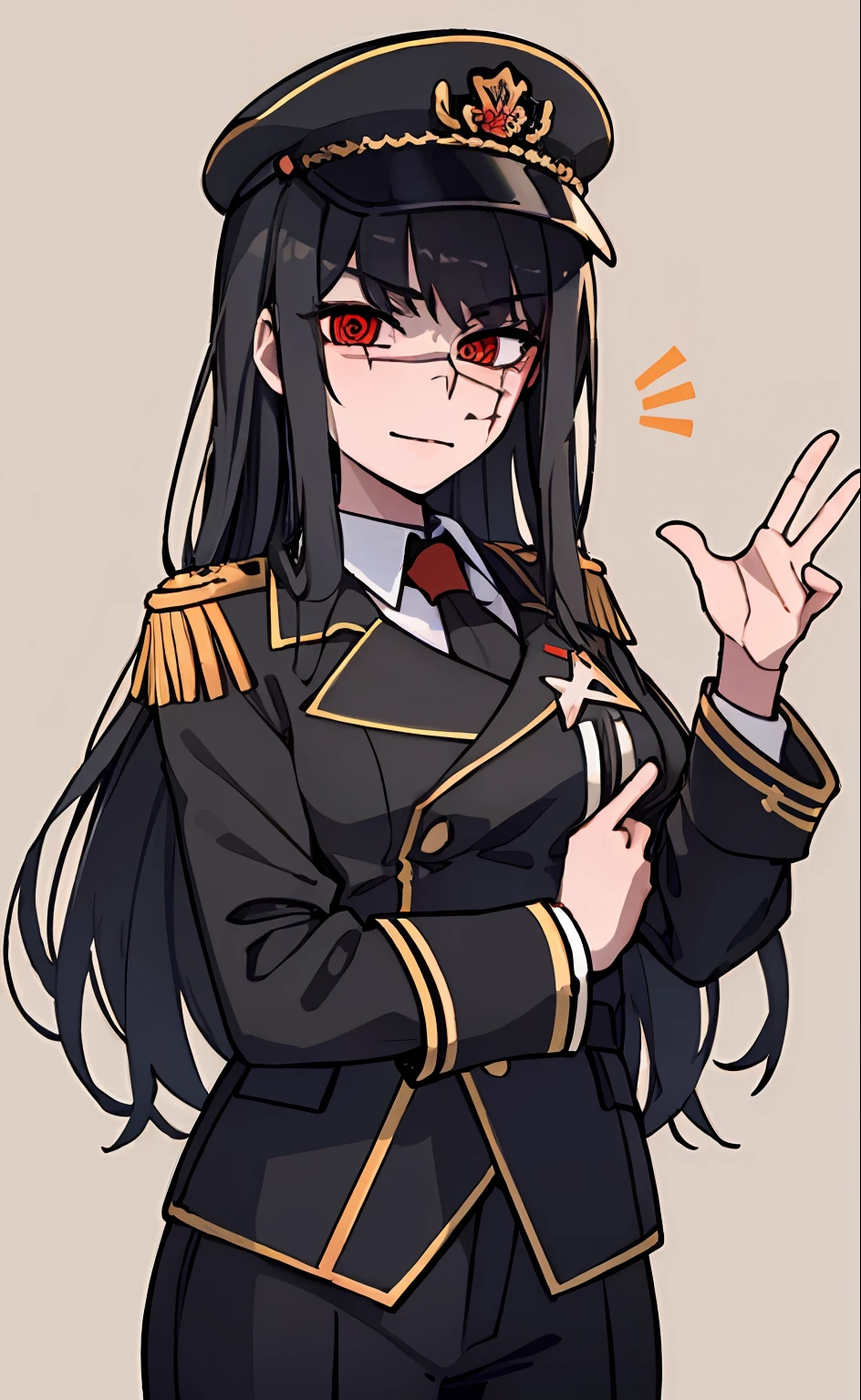 (masterpiece, best quality: 1.2), Solo, 1girl, Yoru \(Chainsaw Man\), looking at the viewer, different poses, red eye, long hair, completely black hair, reference to clothing of a German WWII general, black long sleeves (best quality), scar on face, beautiful eyes, has only 2 arms, has war medals on his clothes, Black Military Cap, Golden Eagle Medal on Clothing,  (Wallpaper), (8K HD), (8K HD), Golden Shoulder Pads, Sprites, 1 Single Design (masterpiece, best quality: 1.2), Solo, 1girl, Yoru \(Chainsaw Man\), looking at the viewer, smile, happy, different poses, red eye, long hair, completely black hair, reference to clothing of a German WWII general, black long sleeves (best quality), scar on face,  beautiful eyes, has only 2 arms, has war medals on his clothes, black military cap, golden eagle medal on clothing, (wallpaper), (8K HD), (8K HD), (8K HD), golden shoulder pads, sprites, 1 single design