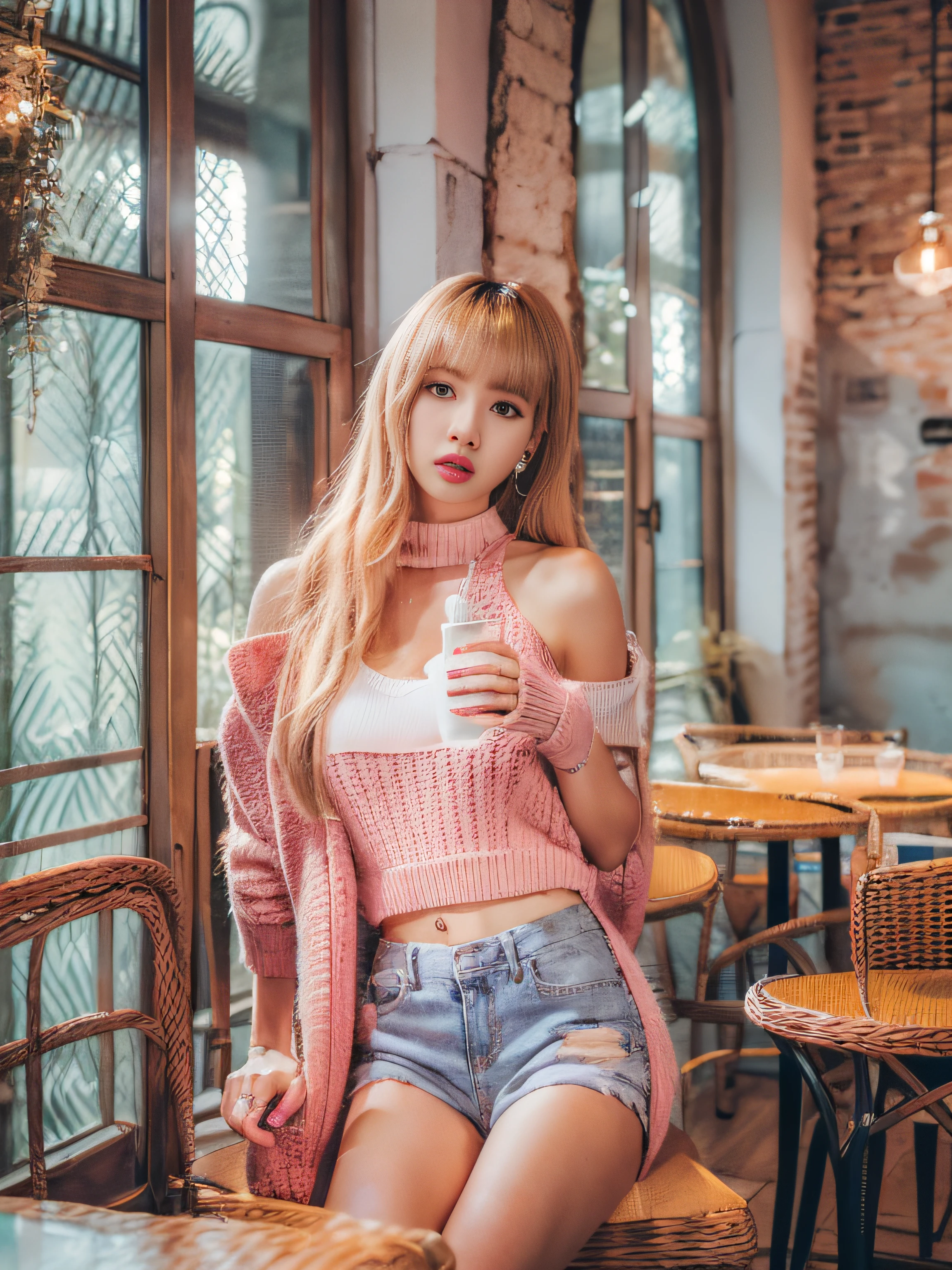 Lisa light yellow long hair, Lisa face shape, pink bottom knitted vest, open waist, bare shoulders, micro milk, pink knitted shorts hot pants, accessories, sexy, open waist long legs, café, masterpiece, superlative, realistic, HD, photography lighting, 16k