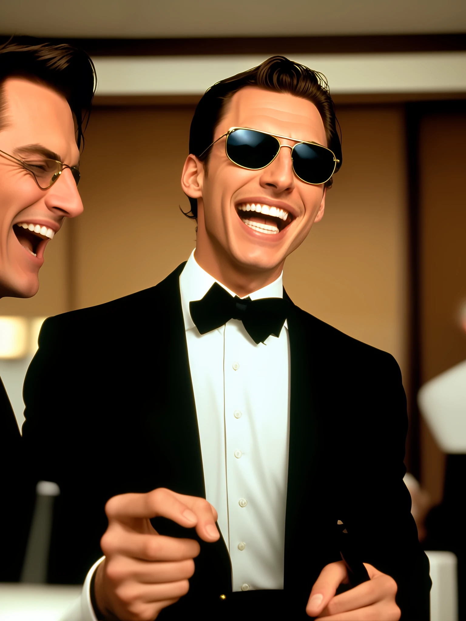 Patrick Bateman laughing in sunglasses