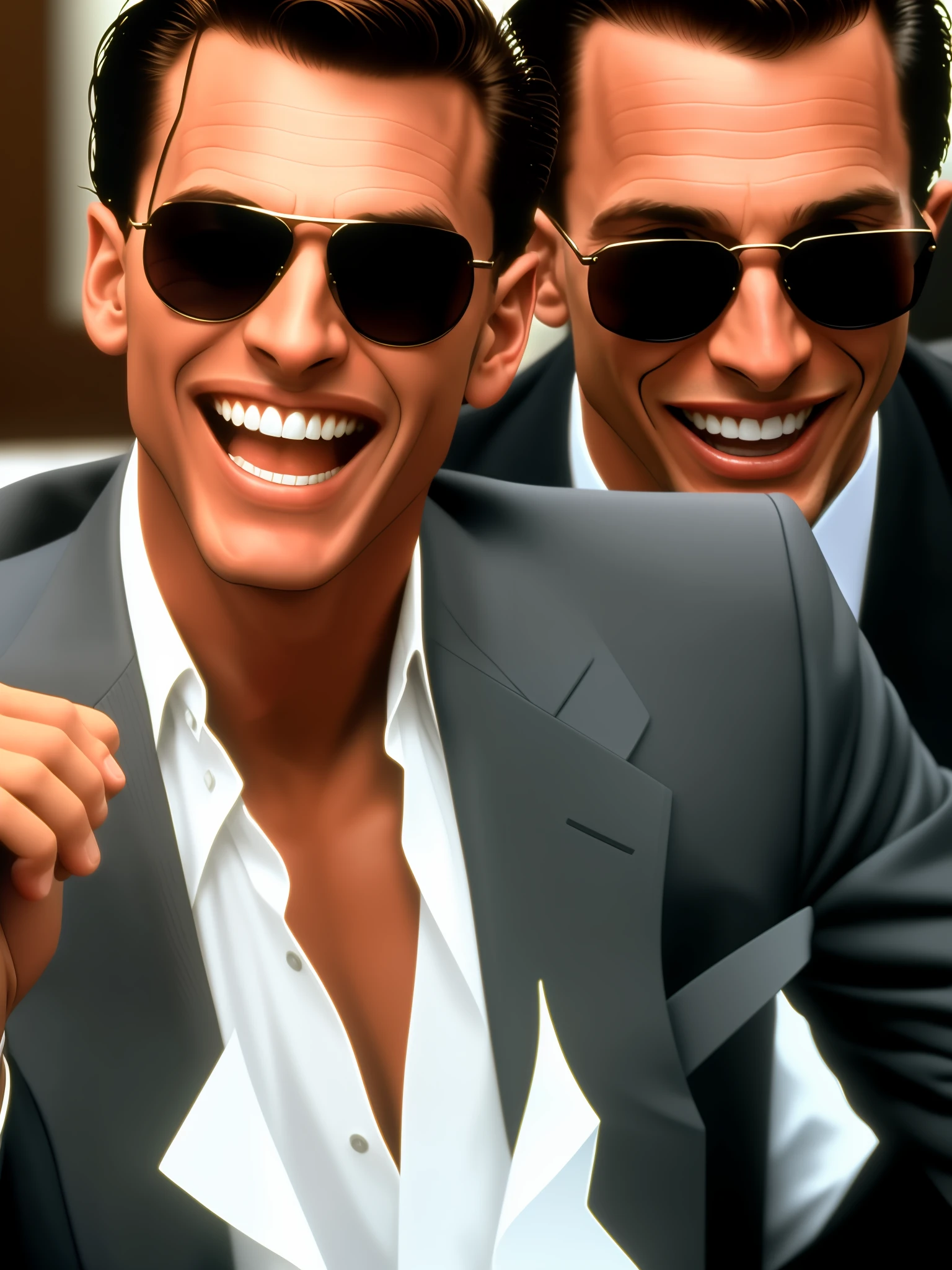 Patrick Bateman laughing in sunglasses