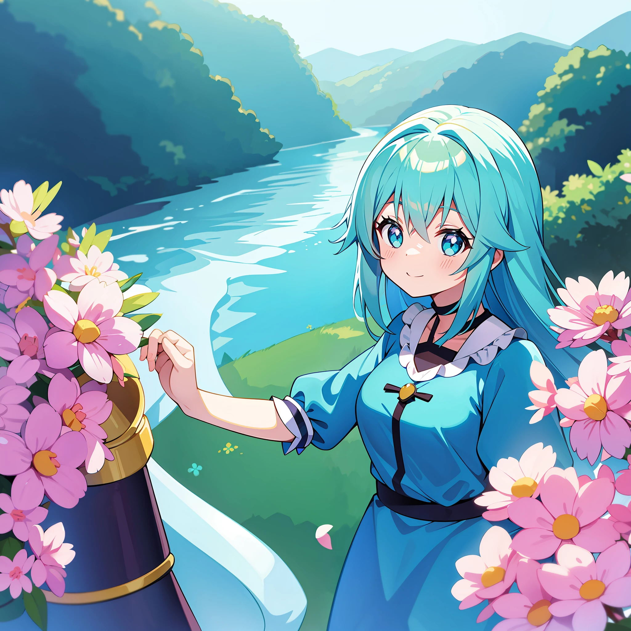 Aqua Konosuba, olhos azuis, cabelos longos azuis, na floresta, flores Sakura caindo, mulher fofa, sorrindo.