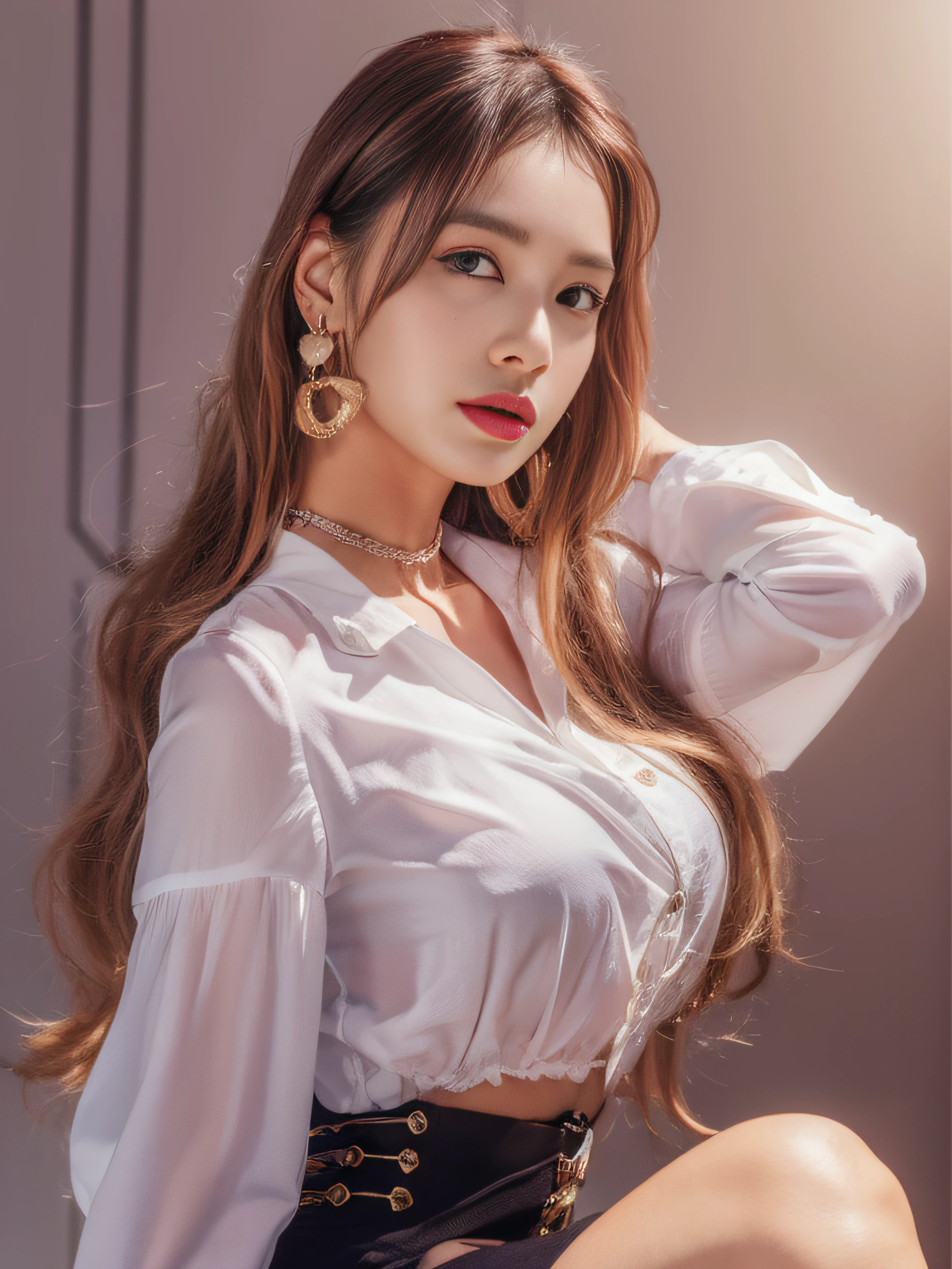 Lisa yellow long hair, Lisa face shape, with earrings, wearing a white shirt, open waist, pleated skirt, long legs, masterpiece, superlative, realistic, HD, photographic lighting, 16k