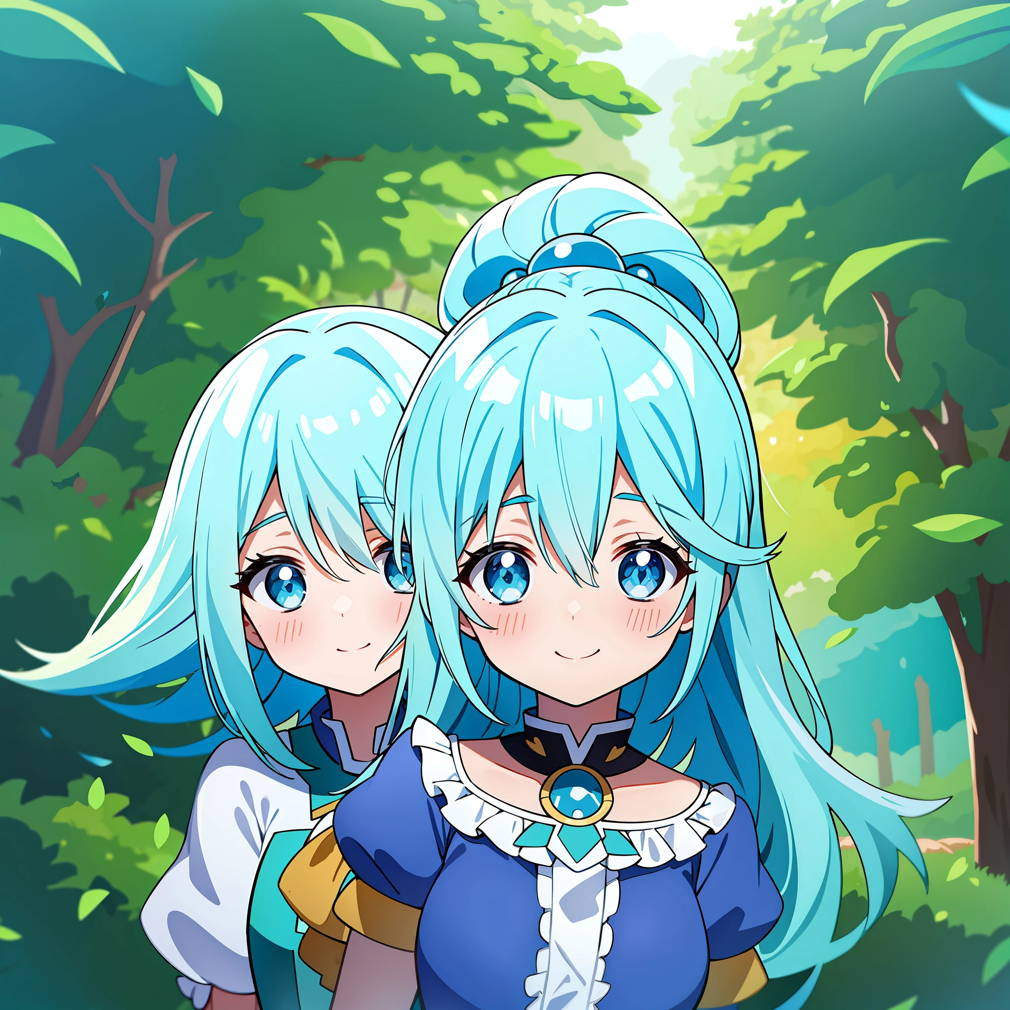 Aqua Konosuba, olhos azuis, cabelos longos azuis, na floresta, flores Sakura caindo,  mulher fofa, sorrindo.