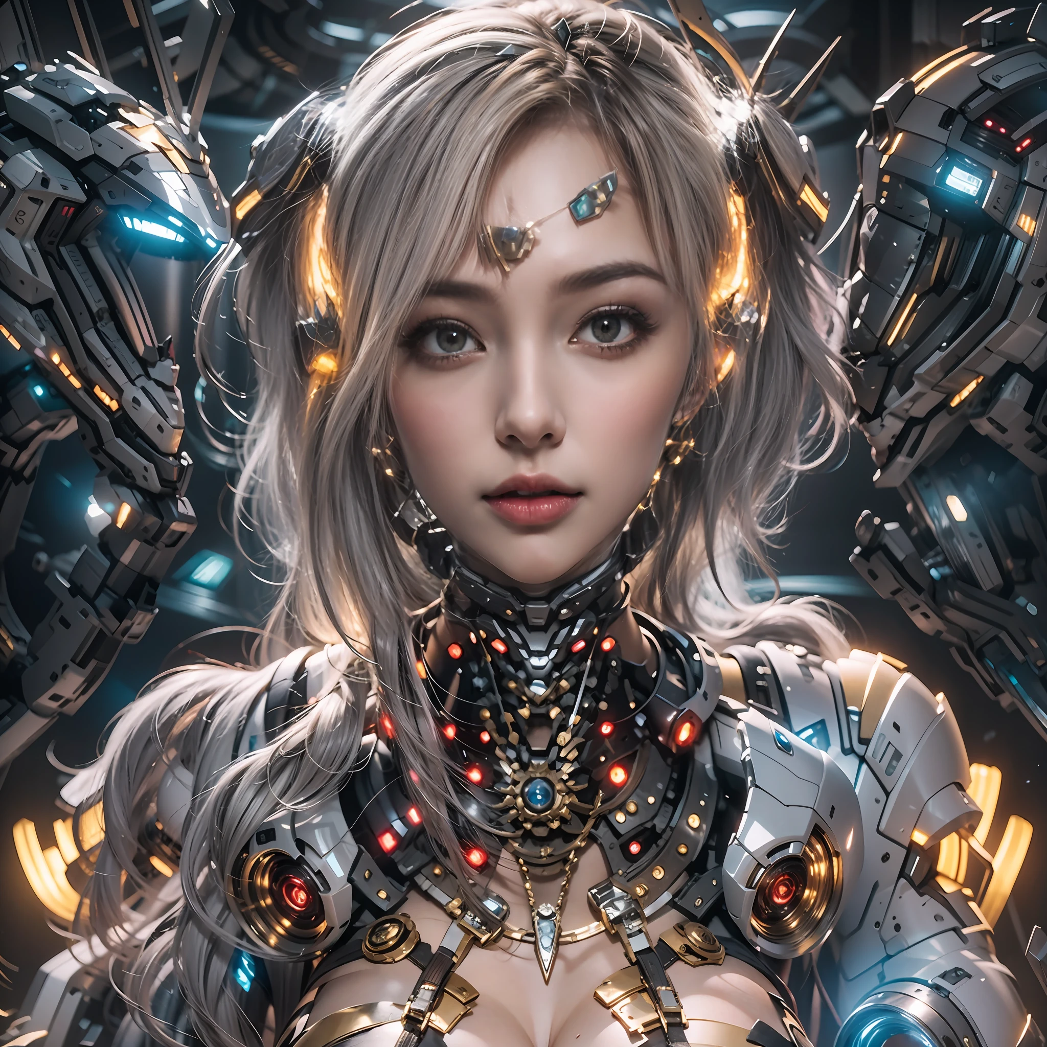 （（tmasterpiece，best qualtiy）），illustration，Ultra-detailed 8K，Clear focus，A highly detailed，Professional lighting，Colorful detailed，（（1girl stands in front of the audience）），closeup cleavage，The upper part of the body，Beautuful Women，Wearing mechs，Complex mechs，cranny，with light glowing，with light glowing，Complicated details，