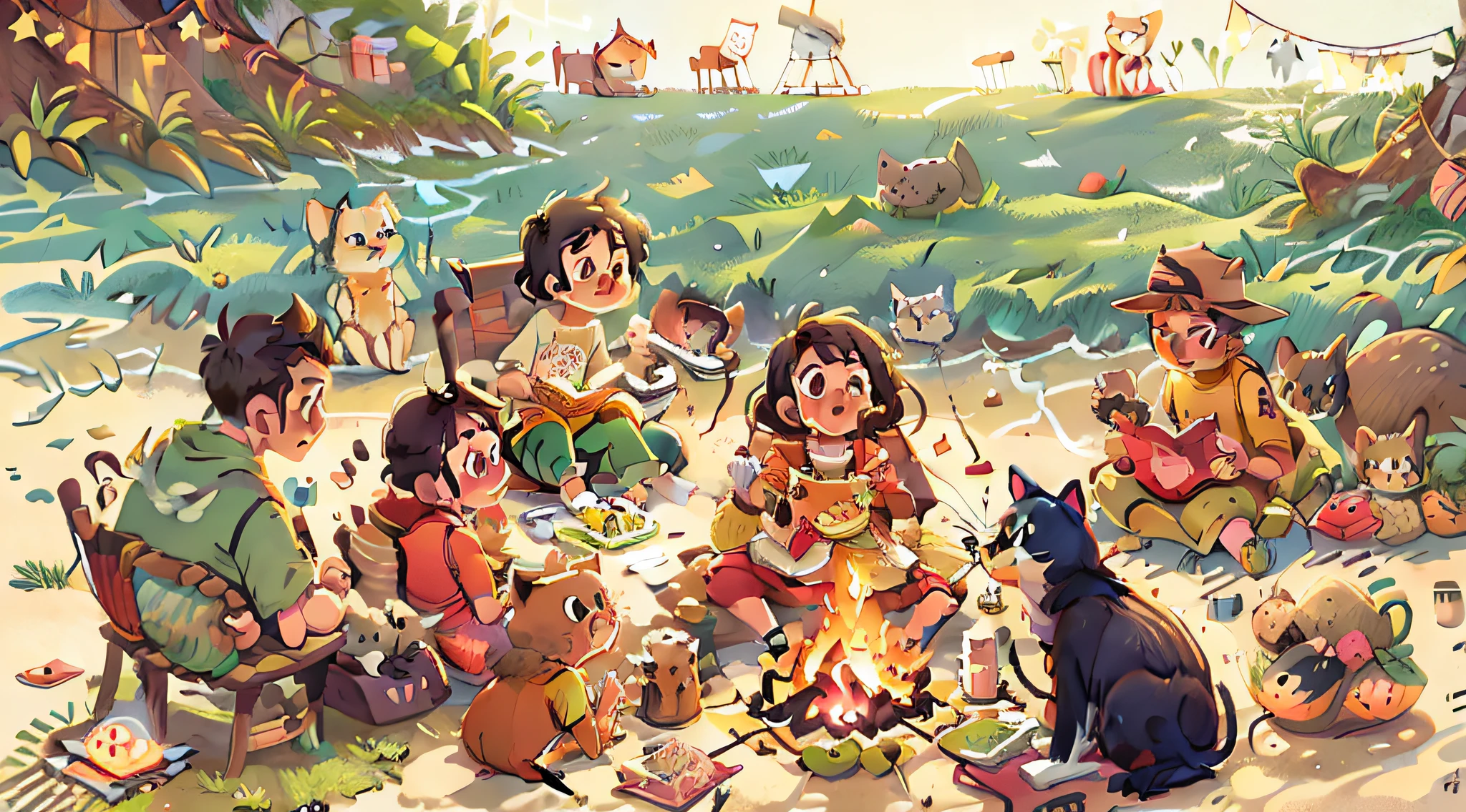 On the holiday beach, a group of people and cats sit around a campfire eating grilled fish