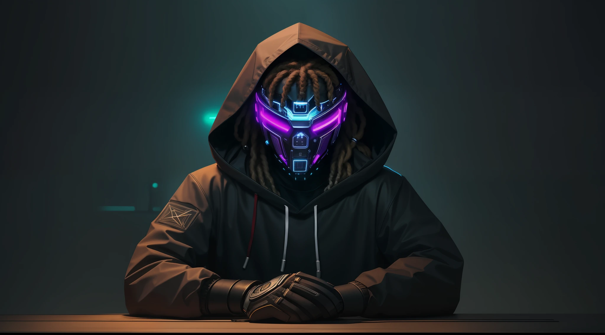 (awesome scene) hooded african american male rapper with wearing cybernetic led mask with long dreadlocks hair with black hair sash in his hair on a table as if he were on a camera podcast positioned below the shoulder line and the man with the gloved hand on the chin and background of a cyber punk cyber city
