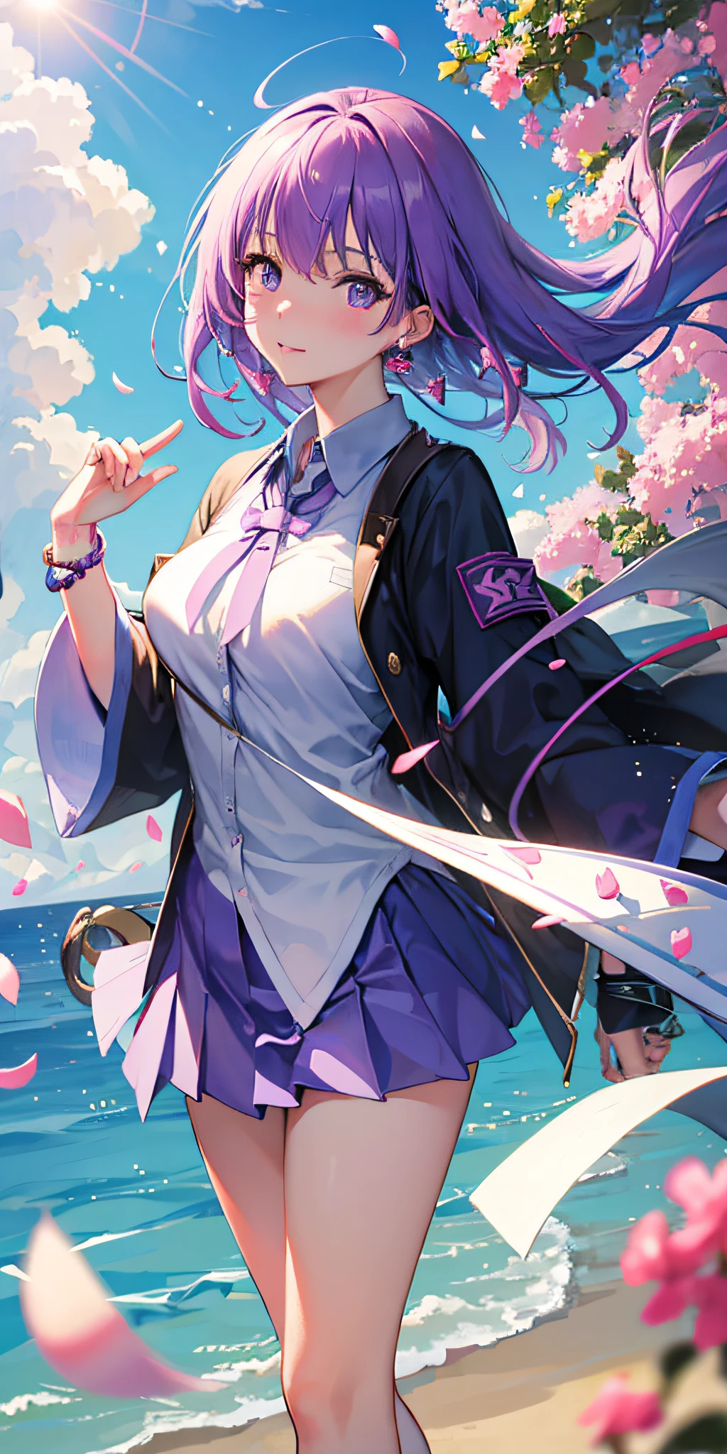 Rena Hidaka \(denonbu\), (Best quality, 8K, Masterpiece, Ultra detailed:1.2), Movie Angle, day, Dappled sunlight, Blue sky, Beautiful clouds, Lens flare, Sparkle, Light particles, Wide shot, 1girll, Solo, shirt, Bracelet, earring, alley, Stand up, Slight smile, Head tilt, Blush, Shy, Floating petals, Floating hair, Wind, From above,full bodyesbian,ultra-wide-angle,delicate leg,Purple hair big breasts,purpleeyes