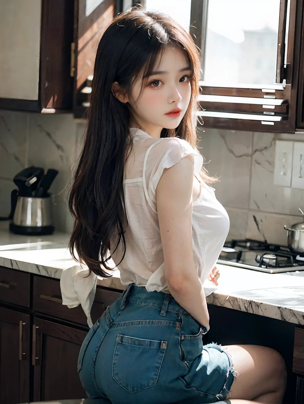 tmasterpiece,best qualtiy,ultra - detailed,illustratio,Colorful,Falt color,depth of fields,lens flare glow,1girll,Hong Kong beauty,Royal sister style,Sexy style,sitted,brunette color hair,kitchens,see-through miniskirt,(Butt to the camera:1.4),(full bodyesbian),Squats,Transparent and simple clothing,Detailed skin texture,Nice and delicate face,full bodyesbian,Sexual obsession,sexual maturity,Sexual infatuation,Sexual position,