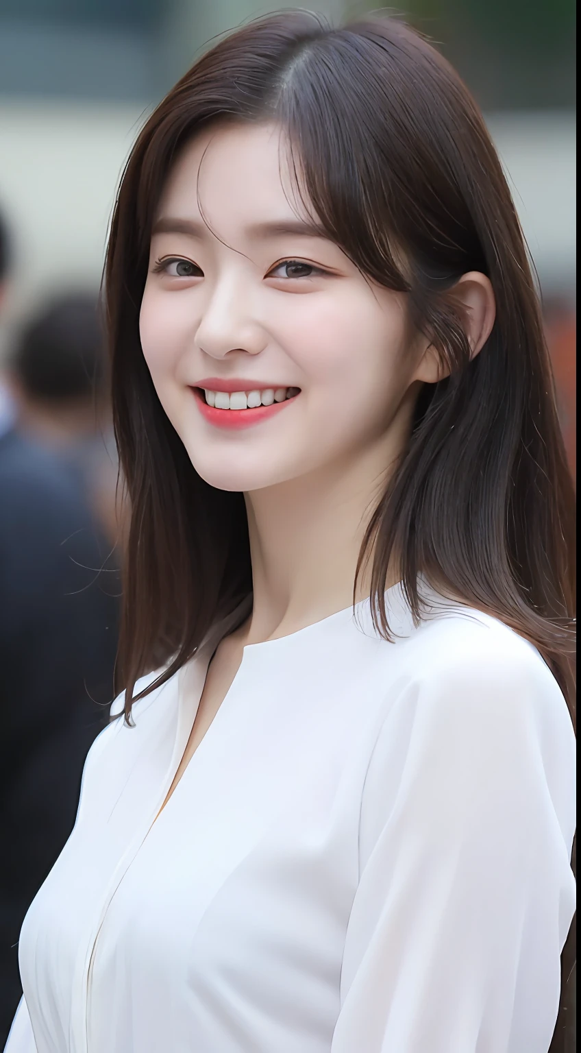 ((top-quality、8K、​masterpiece:1.3))、foco nítido:1.2、Beautiful woman with perfect body shape:1.4、、(Layered Hair Style:1.2))、(Wet white button long shirt:1.3)、Sateen:1.3、Street:1.2、wetbody:1.1、Highly detailed facial and skin texture、A detailed eye、二重まぶた、small tits、A smile、In the street、With bangs、wavy shoulder length hair、
