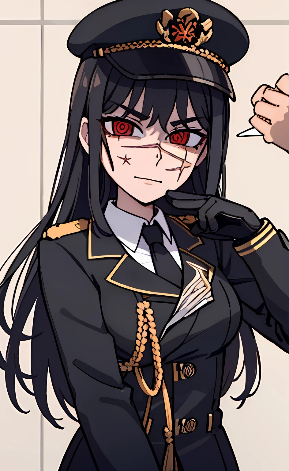 (masterpiece, best quality: 1.2), Solo, 1girl, Yoru \(Chainsaw Man\), looking at the viewer, different poses, red eye, long hair, completely black hair, reference to clothing of a German WWII general, black long sleeves (best quality), scar on face, beautiful eyes, has only 2 arms, has war medals on his clothes, Black Military Cap, Golden Eagle Medal on Clothing,  (Wallpaper), (8K HD), (8K HD), Golden Shoulder Pads, Sprites, 1 Single Design (masterpiece, best quality: 1.2), Solo, 1girl, Yoru \(Chainsaw Man\), looking at the viewer, smile, happy, different poses, red eye, long hair, completely black hair, reference to clothing of a German WWII general, black long sleeves (best quality), scar on face,  beautiful eyes, has only 2 arms, has war medals on his clothes, black military cap, golden eagle medal on clothing, (wallpaper), (8K HD), (8K HD), (8K HD), golden shoulder pads, sprites, 1 single design