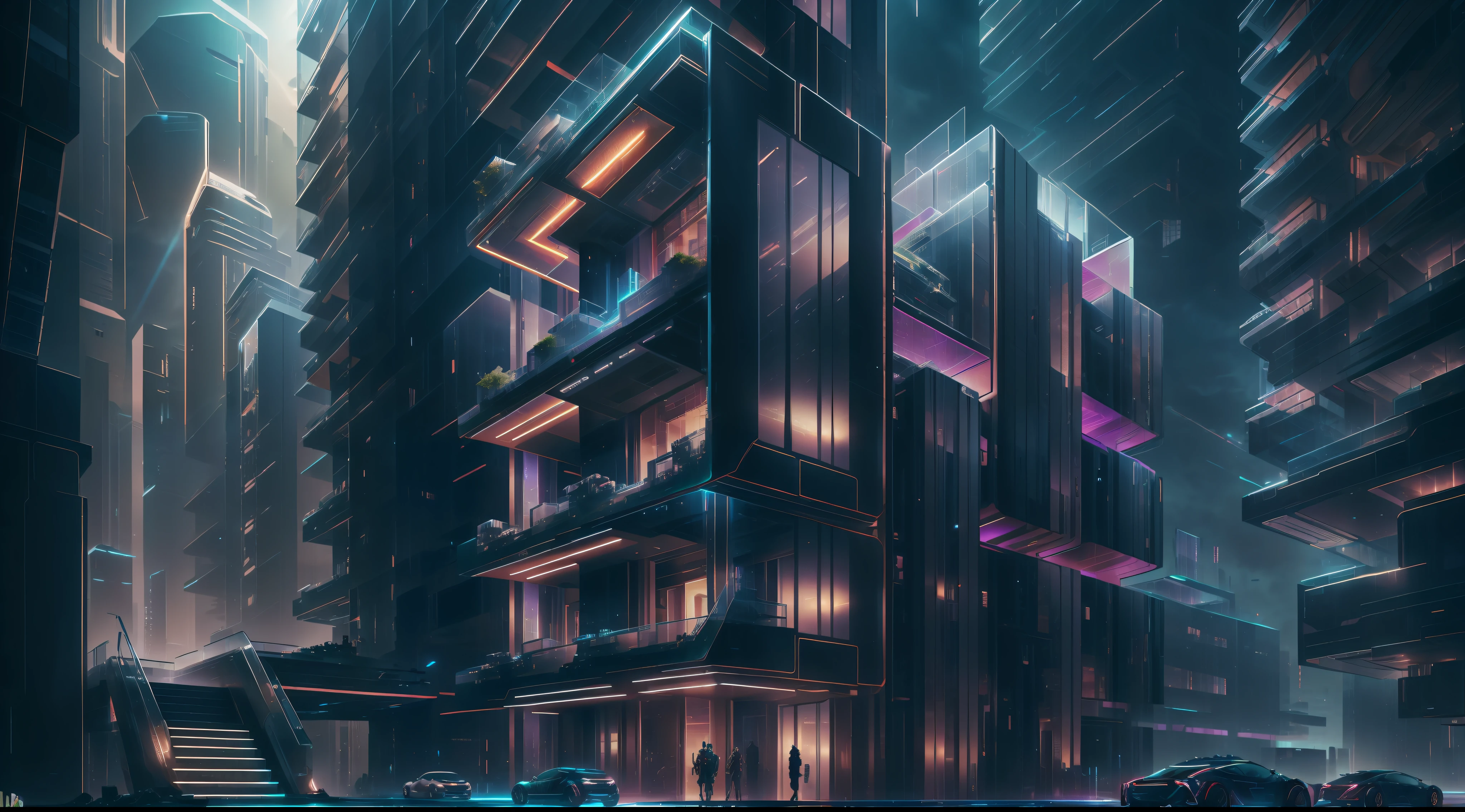 Futuristic design high-rise building, Proportional,Detailed, futuristic building,the night，neonlight, Reddish blue tones ,Chiaroscuro village,cliff side residential area, mixed development,Mechanical punk,Bright colors,high rise made up staircases, terrazzo, Live the life of Riley, Masterpiece, Proportional, Detailed, trending on artstationh, Beautiful lighting, Realistic, iintricate，Stacked buildings，Take the game《Cyberpunk》For inspiration，Refer to the construction of the Bund in Shanghai，rainy evening，Downtown，bustling，twinkle，Concrete glass is the main material