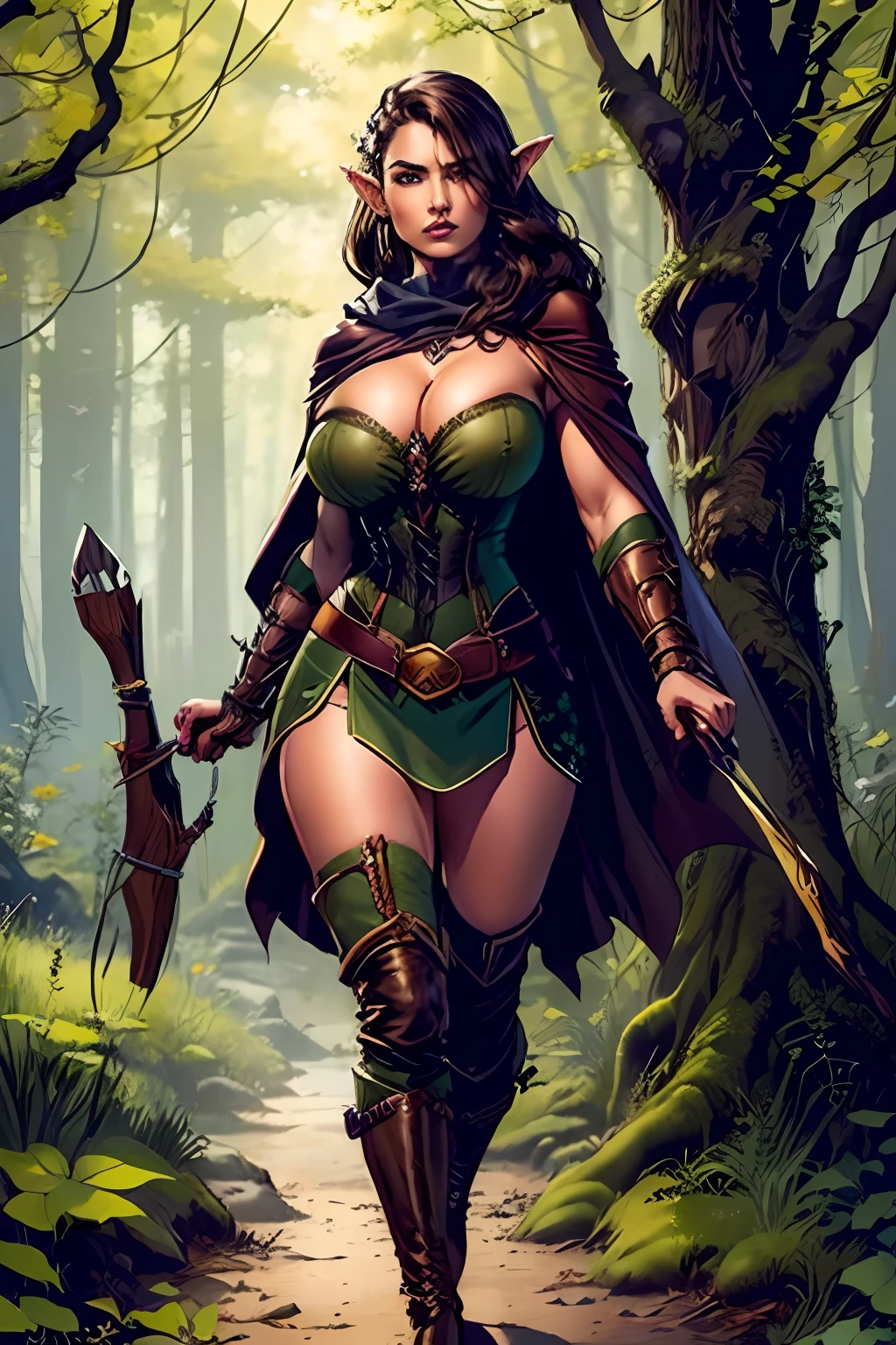 (masterpiece, top quality, best quality, official art, beautiful and aesthetic:1.2), (1girl:1.3), dark brown hair in a single braid, extremely detailed, portrait, looking at viewer, solo, (full body:0.6), detailed background, close up, cat eyes, (warm summer forest theme:1.1), ((elf)) ranger, charlatan, smirk, mysterious, walking in forest, revealing ranger attire, brown leather, cowl, cloak, corset, long boots, buckles, straps, pouches, bow and arrow, green fabric, brown leather, ((((gigantic breasts)), cleavage, skindentation)), slim waist, slim hips, long legs, medieval (forest exterior:1.1) background, dark mysterious lighting, shadows, magical atmosphere, dutch angle