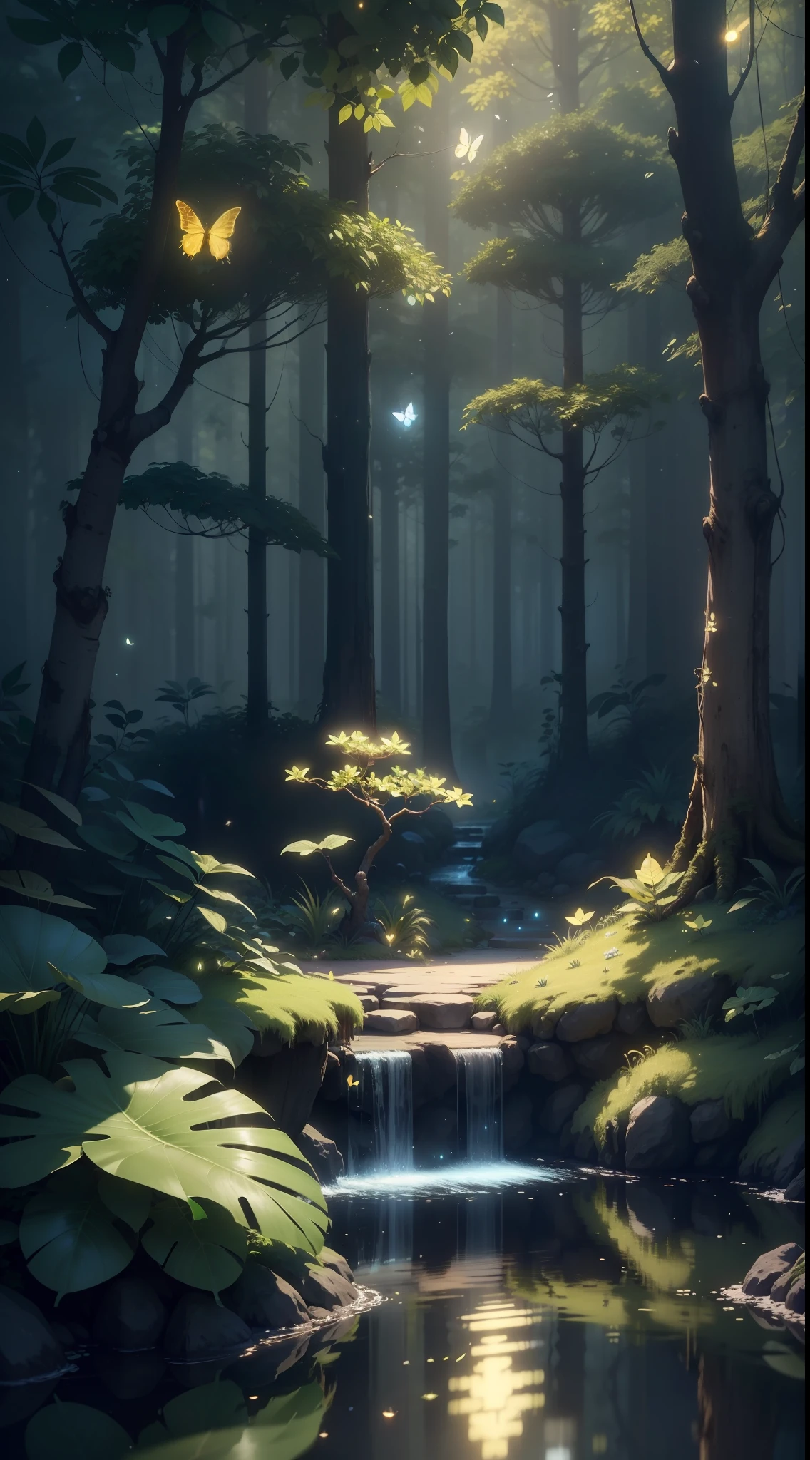 A masterpiece, the best quality, stunning reflections, the best reflections ever. (very detailed CG unity 8k wallpapers), (best quality), (best illustrations), (best shadows), forest theme with natural elements. Tall trees, quiet streams, small glowing mushrooms surrounded by delicate leaves and branches, with fireflies and glowing particle effects,, (natural elements), (jungle theme), (leaves), (twigs), (fireflies), butterflies, (delicate leaves), (glow), (particle effects). , Isometric 3D, Octane Rendering, Ray Traced, Super Detailed