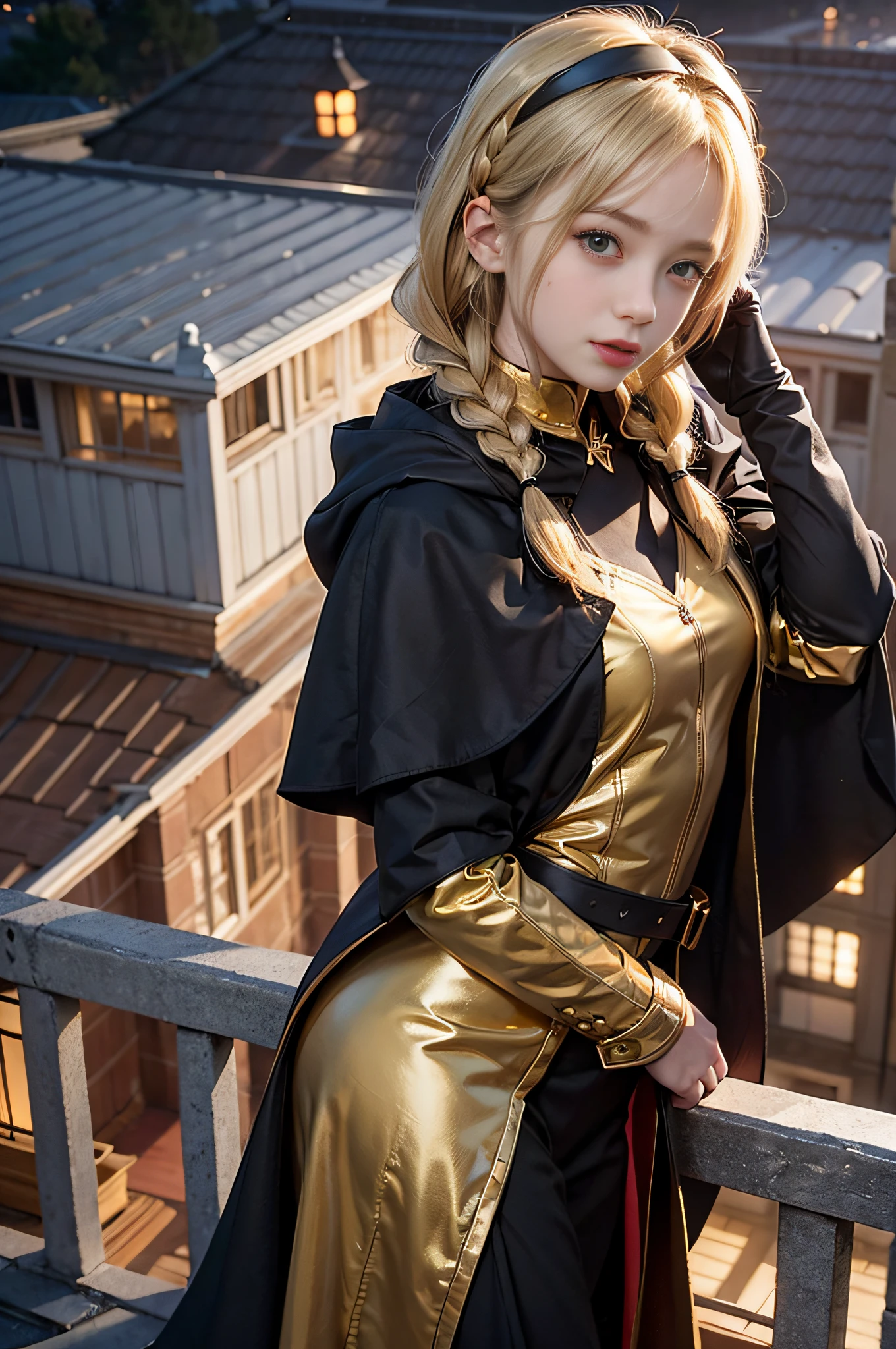 Warm color environment,Rooftop,Rooftop,the night,Blonde girl,Leaning against the railing,long whitr hair,Forehead bangs,Small braids on both sides,golden hairband,Full body black long-hatted cloak,Medium build,mole under the eye,full bodyesbian,Lateral face,Look into perspective