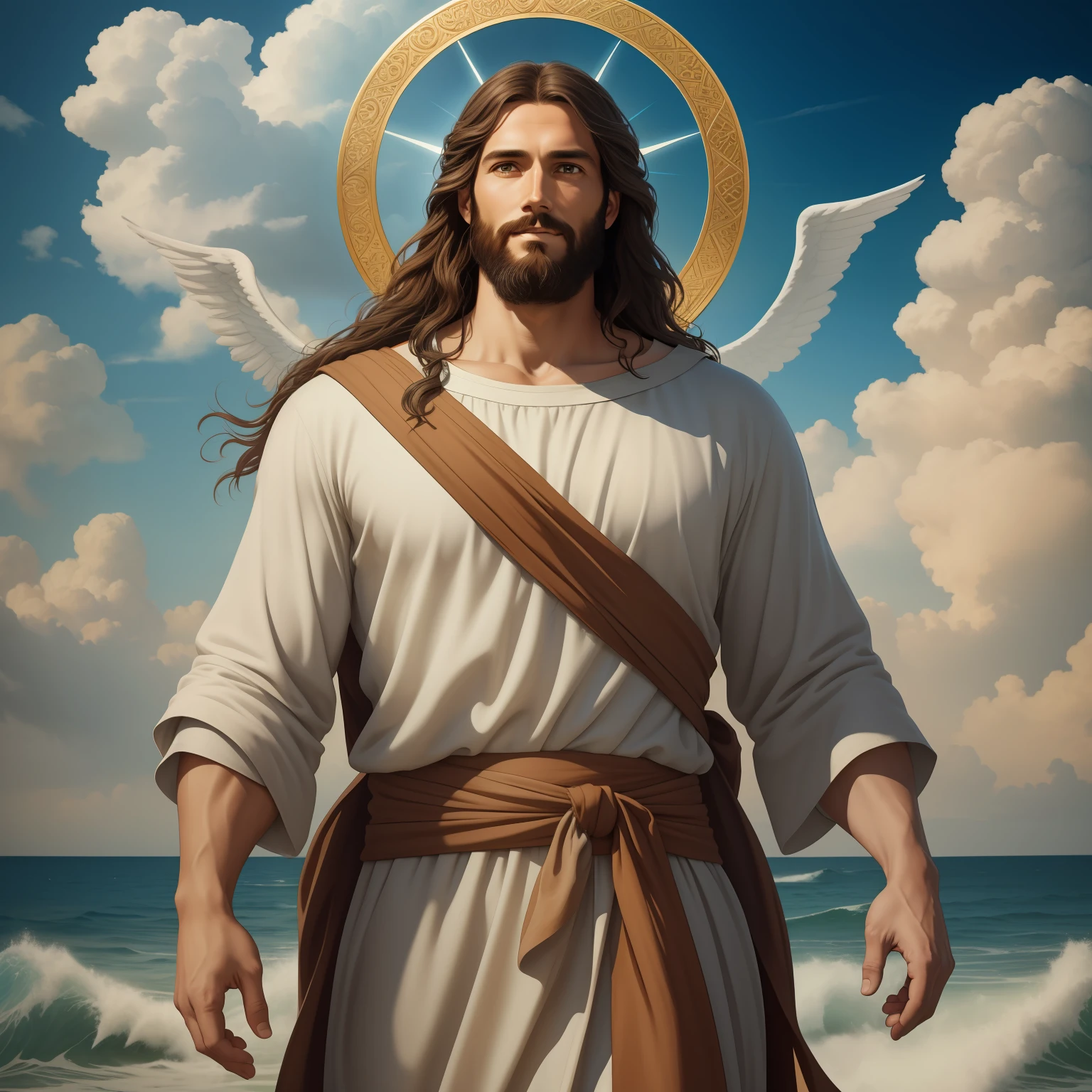 A handsome god Jesus christ ( jesus) blessing to the sky 35 years old with a long brown hair and long beard, heaven blessings light with a cross background) happy face, realistic 8k,A beautiful ultra-thin realistic portrait of Jesus, the prophet, a man 35 years old Hebrew brunette, short brown hair, real perfect eyes, long brown beard, with, Helping People , wearing long linen tunic closed on the chest part, in front view, full body, biblical, realistic,by Diego Velázquez,Peter Paul Rubens,Rembrandt,Alex Ross,8k, Concept Art, PhotoRealistic, Realistic, Illustration, Oil Painting, Surrealism, HyperRealistic, helping people , Digital art, style, watercolorReal Jesus flying on sky with a flying cloud in the background, Jesus walking on water, biblical illustration, epic biblical representation, forcing him to flee, coming out of the ocean, ! holding in hand!, disembarking, god of the ocean, beautiful representation, 8k 3D Model, realistic,
a 3D Realistic of jesus with a halo in the sky, jesus christ, smiling in heaven, portrait of jesus christ, jesus face, 35 young almighty god, portrait of a heavenly god, greg olsen, gigachad jesus, jesus of nazareth, jesus, the face of god, god looking at me, he is greeting you warmly, he is happy, avatar image