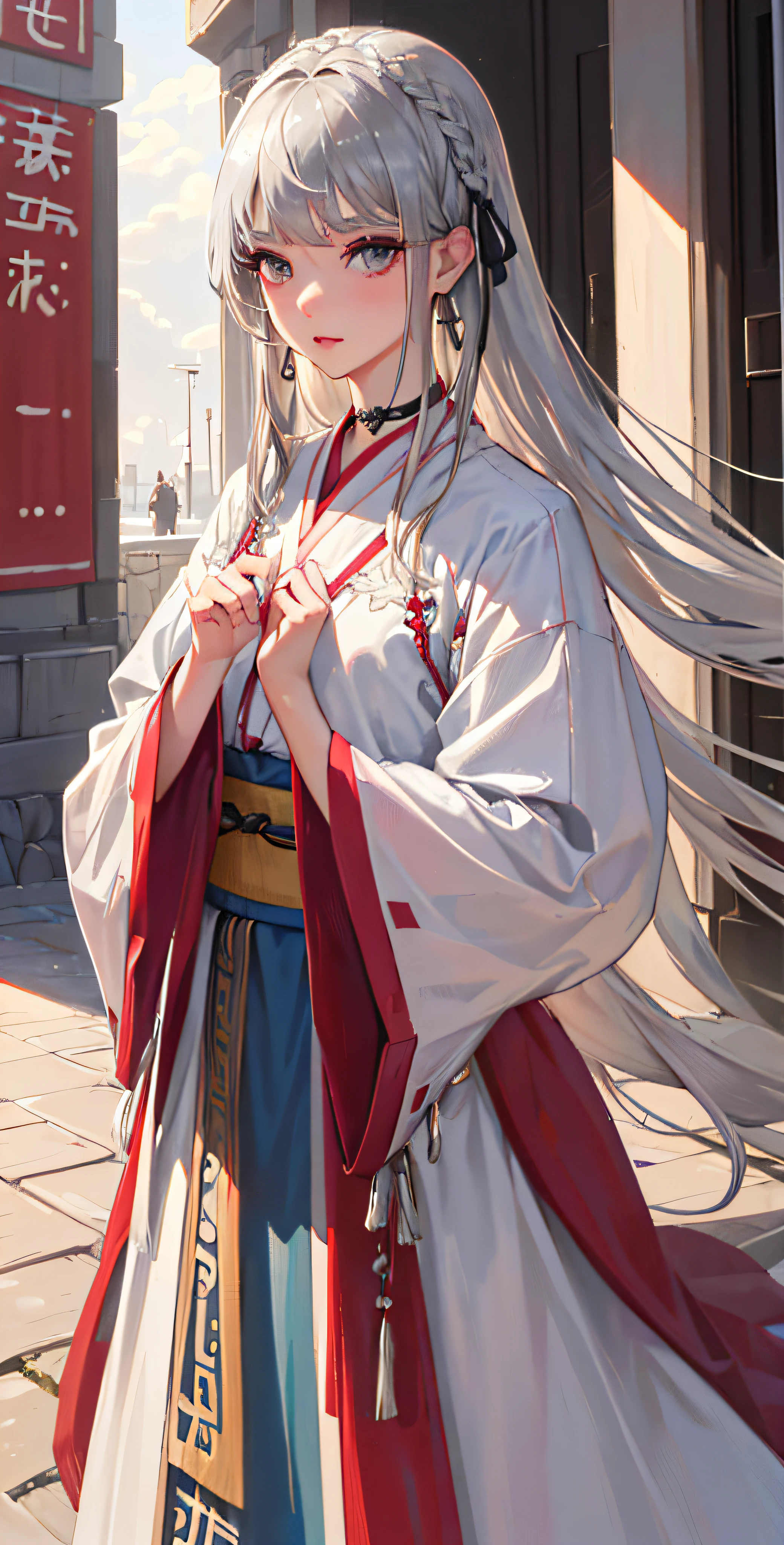 (photo-realistic,ultrarealistic8kCG:1.2),perfectartwork,delicatepattern,(bestquality,intricatedetail,extremelyintricate:1.2),70mmtelephotolens,(ultra-detailed),Stronglighting,lightandshadowtexture,texturedetails,-------------------------------(ulzzang6500V),(idol),(detailedclothesfeatures),choker,earrings,hairribbon,ExquisiteMakeup,(23yearsoldgirll,solo:1.2),woman,girly,brighteyes,smallbreasts,(silverhair,verylonghair:1.4),lookingatviewer,cowboyshot,chineseclothes,reddress,hanfu,longsleeves,widesleeves,