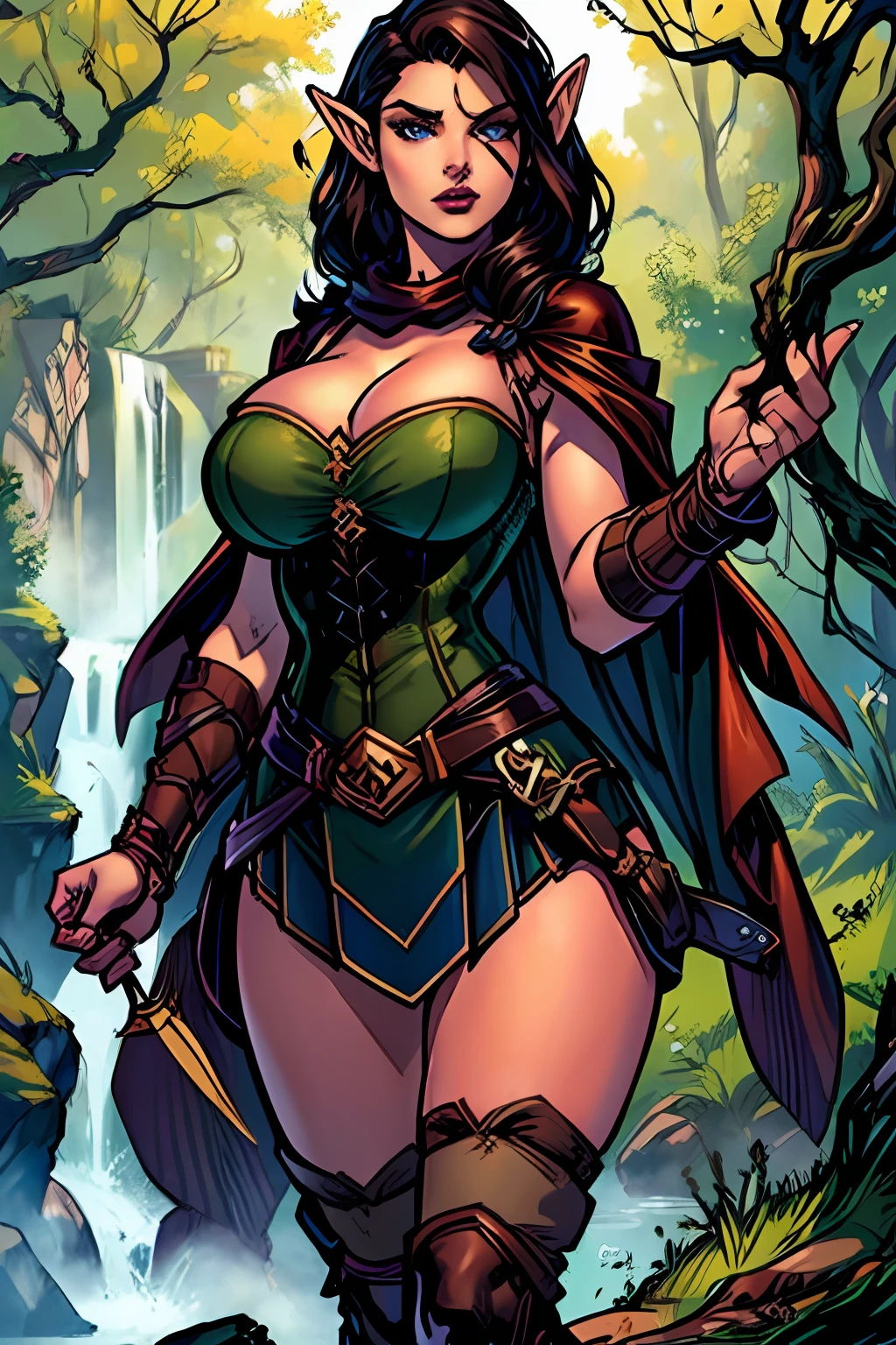 (masterpiece, top quality, best quality, official art, beautiful and aesthetic:1.2), (1girl:1.3), dark brown hair in a single braid, extremely detailed, portrait, looking at viewer, solo, (full body:0.6), detailed background, close up, cat eyes, (warm summer forest theme:1.1), busty (elf) ranger, charlatan, smirk, mysterious, walking in forest, revealing ranger attire, brown leather, cowl, cloak, corset, long boots, buckles, straps, pouches, bow and arrow, green fabric, brown leather, ((gigantic breasts), skindentation, cleavage), slim waist, slim hips, long legs, medieval (forest exterior:1.1) background, dark mysterious lighting, shadows, magical atmosphere, dutch angle