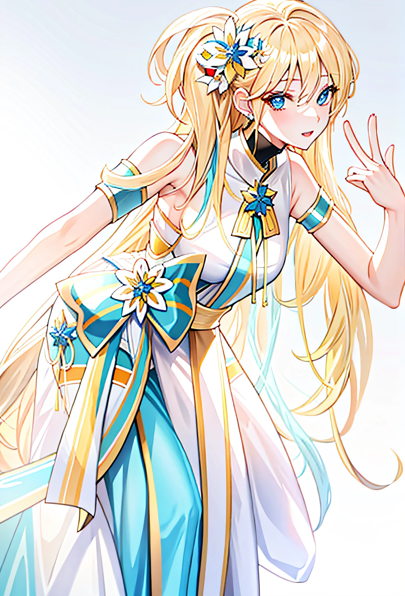 masuter piece、a blond、Longhaire、Detailed description、beautidful eyes、Beautiful eyes、Feminine outfits with random colors、Bright coloring
