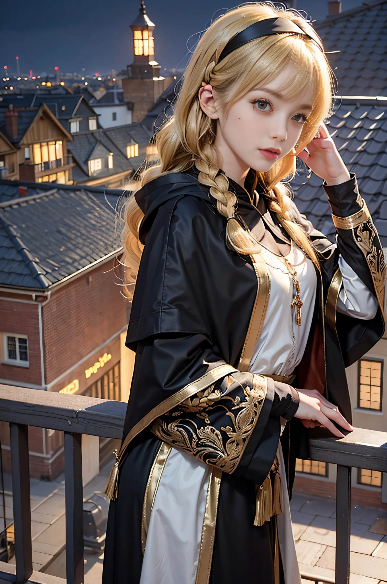 Warm color environment，Rooftop，Rooftop，the night，Blonde girl，Leaning against the railing，long whitr hair，Forehead bangs，Small braids on both sides，golden hairband，Full body black long-hatted cloak，Medium build，mole under the eye，full bodyesbian，Lateral face，Look into perspective