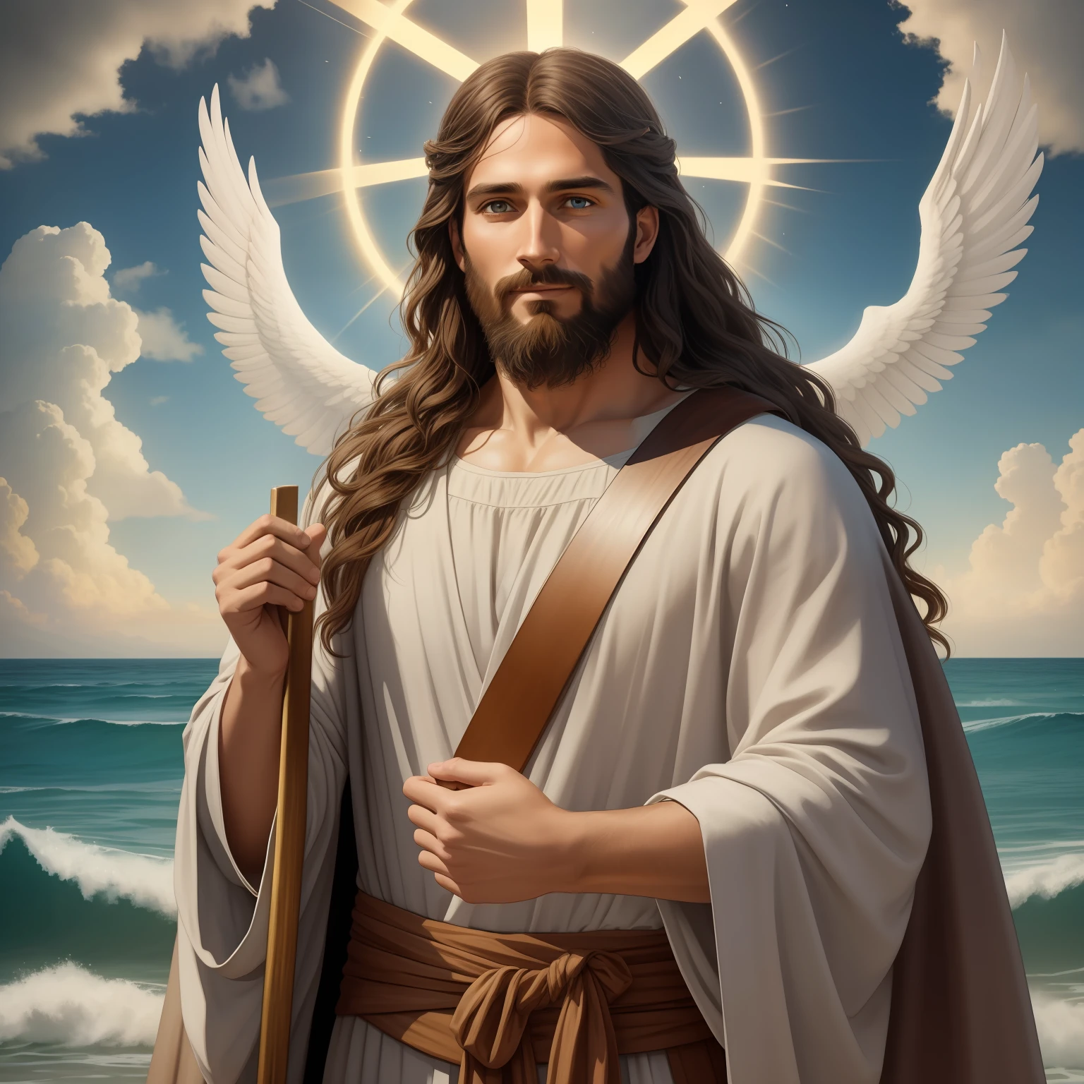 A handsome god Jesus christ ( jesus) blessing to the sky  35 years old with a long brown hair and long beard, heaven blessings light with a cross background)  happy face, realistic 8k,A beautiful ultra-thin realistic portrait of Jesus, the prophet, a man 35 years old Hebrew brunette, short brown hair, real perfect eyes, long brown beard, with, Helping People , wearing long linen tunic closed on the chest part, in front view, full body, biblical, realistic,by Diego Velázquez,Peter Paul Rubens,Rembrandt,Alex Ross,8k, Concept Art, PhotoRealistic, Realistic,  Illustration, Oil Painting, Surrealism, HyperRealistic, helping people , Digital art, style, watercolorReal Jesus flying on sky with a flying cloud in the background, Jesus walking on water, biblical illustration, epic biblical representation, forcing him to flee, coming out of the ocean, ! holding in hand!, disembarking, god of the ocean, beautiful representation, 8k 3D Model, realistic,
a 3D Realistic of jesus with a halo in the sky, jesus christ, smiling in heaven, portrait of jesus christ, jesus face, 35 young almighty god, portrait of a heavenly god, greg olsen, gigachad jesus, jesus of nazareth, jesus, the face of god, god looking at me, he is greeting you warmly, he is happy, avatar image