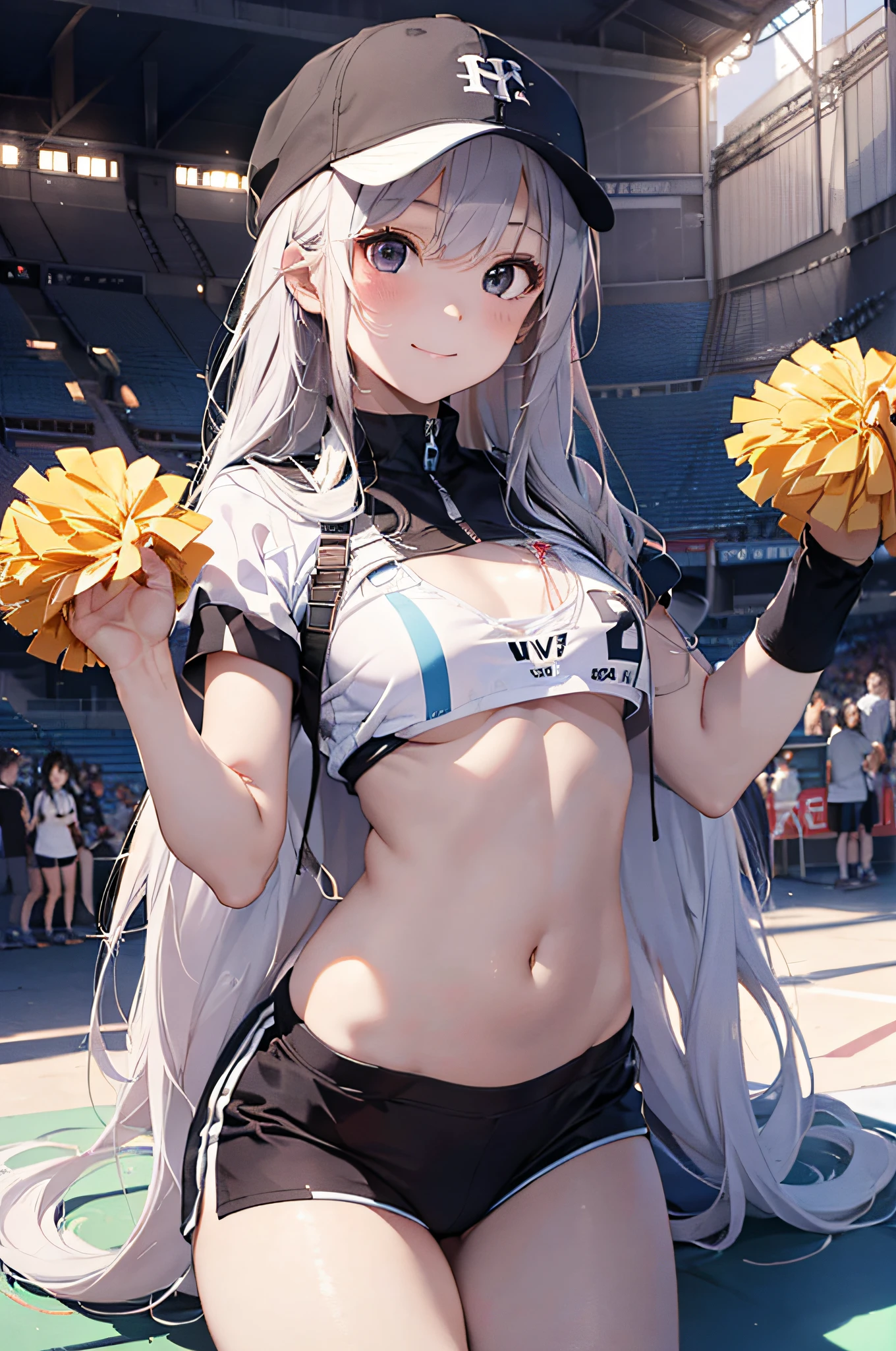 Cheerleader posing for support with big pom-poms、(stadio)、(tiny chest:1.4)、Raw photography, top-quality, hight resolution, (masterpiece), (Photorealsitic:1.4), professional photograpy, foco nítido, nffsw, 8K分辨率, intricate detailes, depth of fields, the Extremely Detailed CG Unity 8K Wallpapers, front lit, girl with, Smile、(A slender:1.3)、(taken from the under:1.5)、(skinny thigh)、Wear a baseball cap on your head、see -through