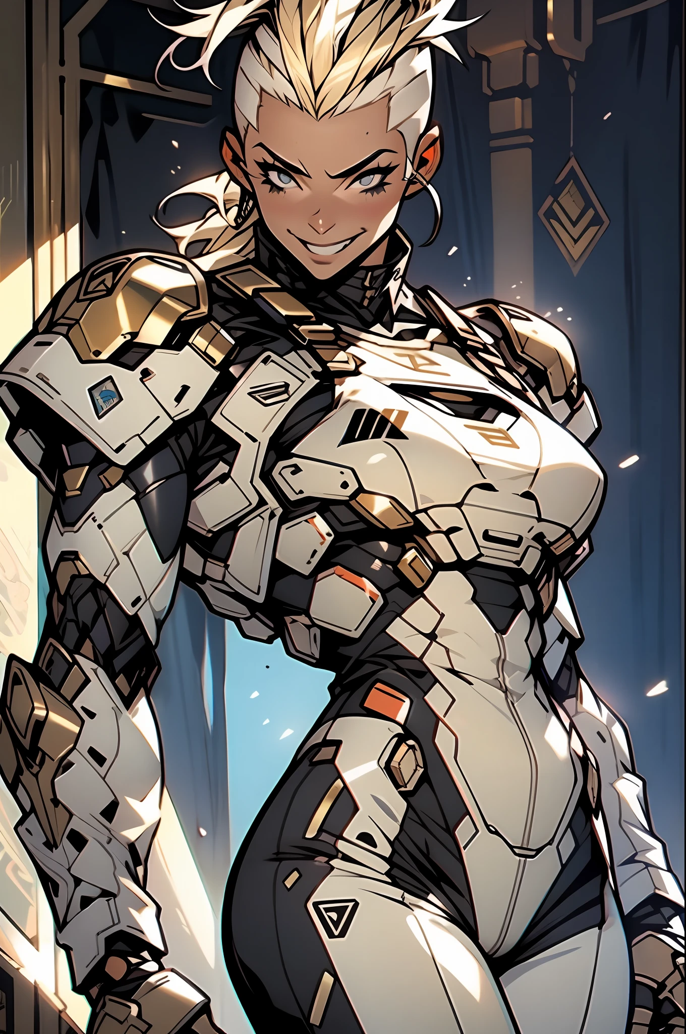 (((tmasterpiece))), ((((best qualtiy)))), (((absurderes))), Muscular 35-year-old adult female,Wearing robot armor,big cleavage breasts,sexyposture,Blonde Mohawk hair and white hair,Proportional body,full bodyesbian,big breasts beautiful,Naughty smile,Military facilities
