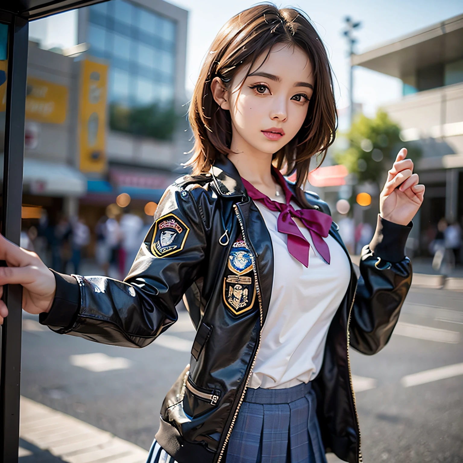 1girl, sozinho, 18 anos, corpo inteiro, Coreano, pale skin, cabelos curtos escuros, Olhos escuros, Middle breast, figura corporal perfeita, louco, robot girl, chuva escura, Cyberpunk, alta resolução, circunstanciado, pele texturizada, 8k, Master piece school uniform posing for photo, vestida como aluna, Estudante bonito, de uma aluna posando, menina da escola, usando saia e meias altas, uma aluna hiperrealista, Estudante realista, aluna hiperrealista, usando uniforme escolar, usando uniforme escolar, adolescente estudante feminina, vestindo uniforme de diretora, Uniforme escolar