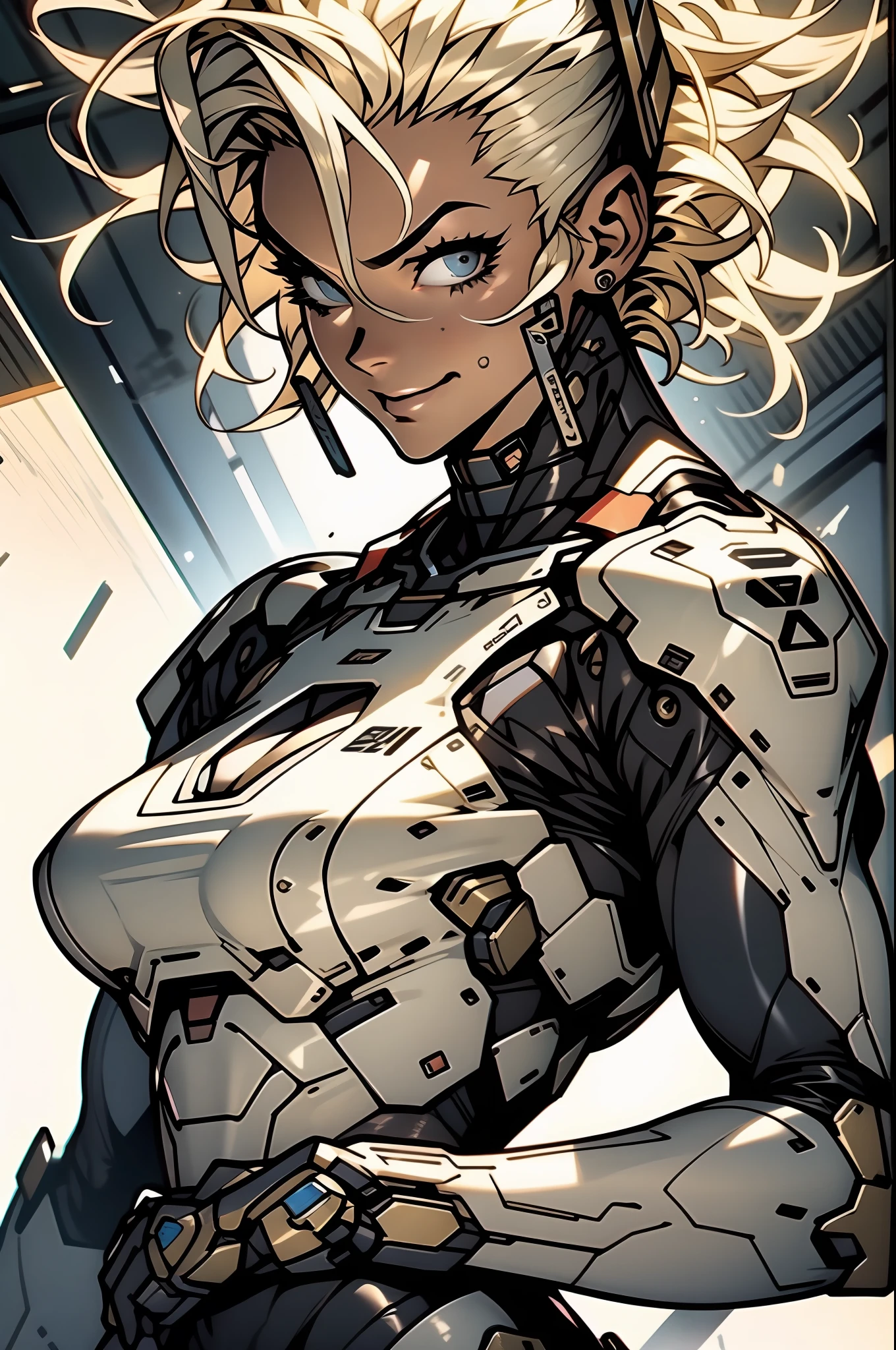 （（（tmasterpiece）））， （（（（best qualtiy））））， （（（absurderes）））， Muscular 35-year-old adult female，Wearing robot armor，big cleavage breasts，sexyposture，Blonde Mohawk hair and white hair，Proportional body，full bodyesbian，big breasts beautiful，Naughty smile，Military facilities