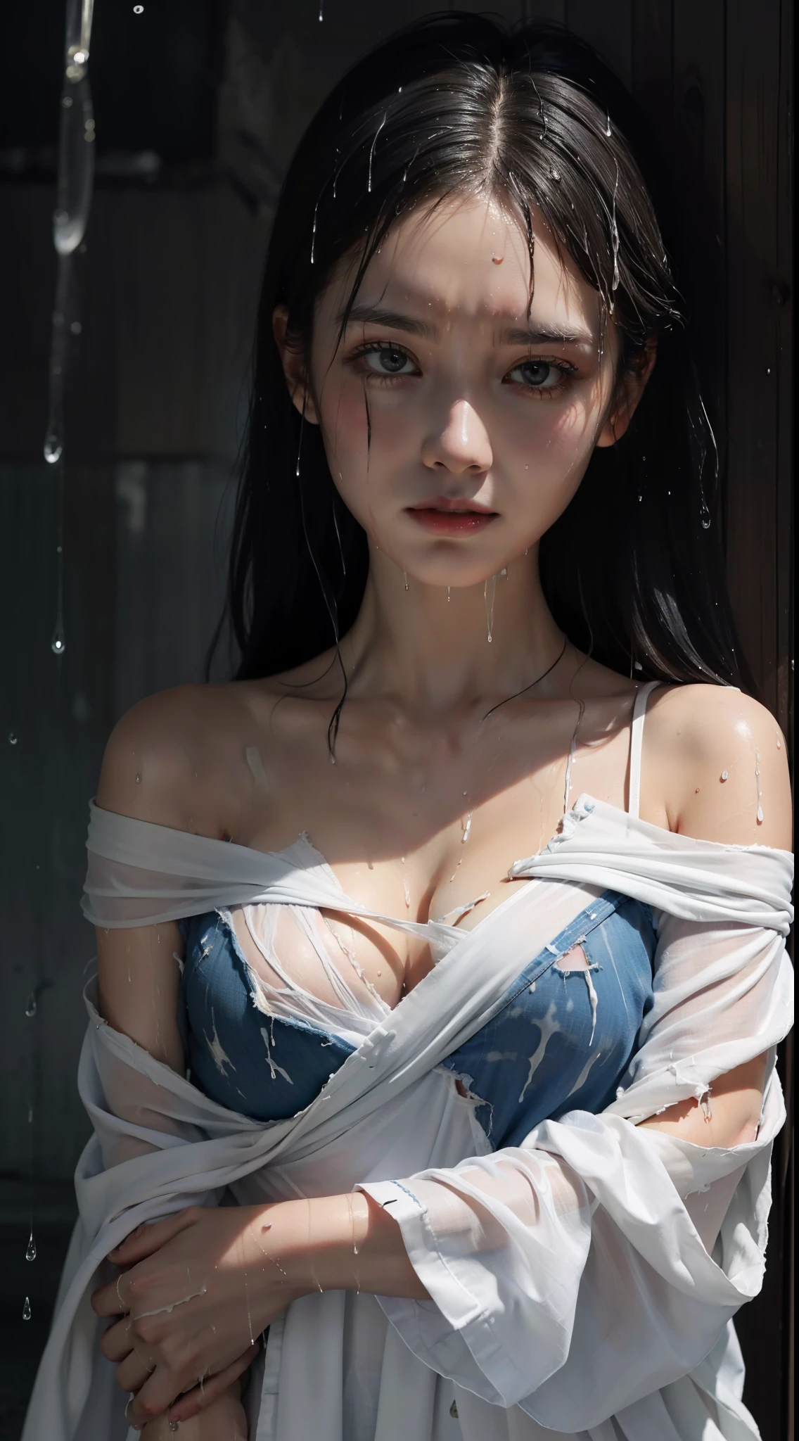 Best picture quality, masterpiece, ultra high resolution, (fidelity :1.4), photo, 1 girl,[(sadness)],white shirt, Dim, dark, desperate, pitying, pitiful, cinematic,tear,teardrop,(Torn clothes:1.5), (Wet clothes:1.4), bare shoulders,Real rain,wet hair,..