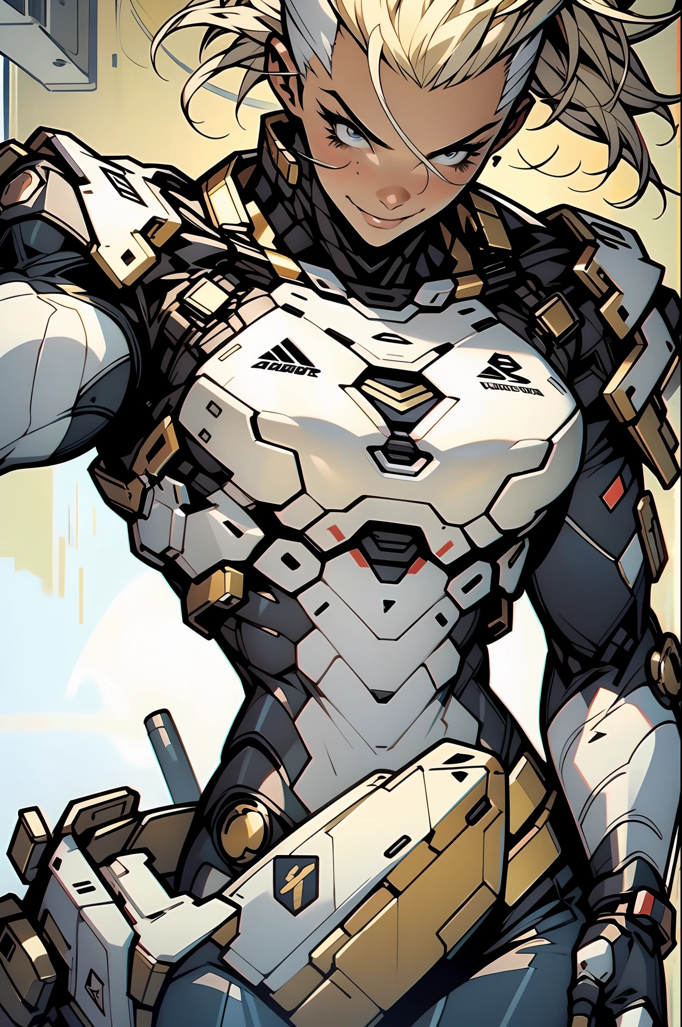 （（（tmasterpiece）））， （（（（best qualtiy））））， （（（absurderes）））， Muscular 35-year-old adult female，Wearing robot armor，big cleavage breasts，sexyposture，Blonde Mohawk hair and white hair，Proportional body，full bodyesbian，big breasts beautiful，Naughty smile，Military facilities