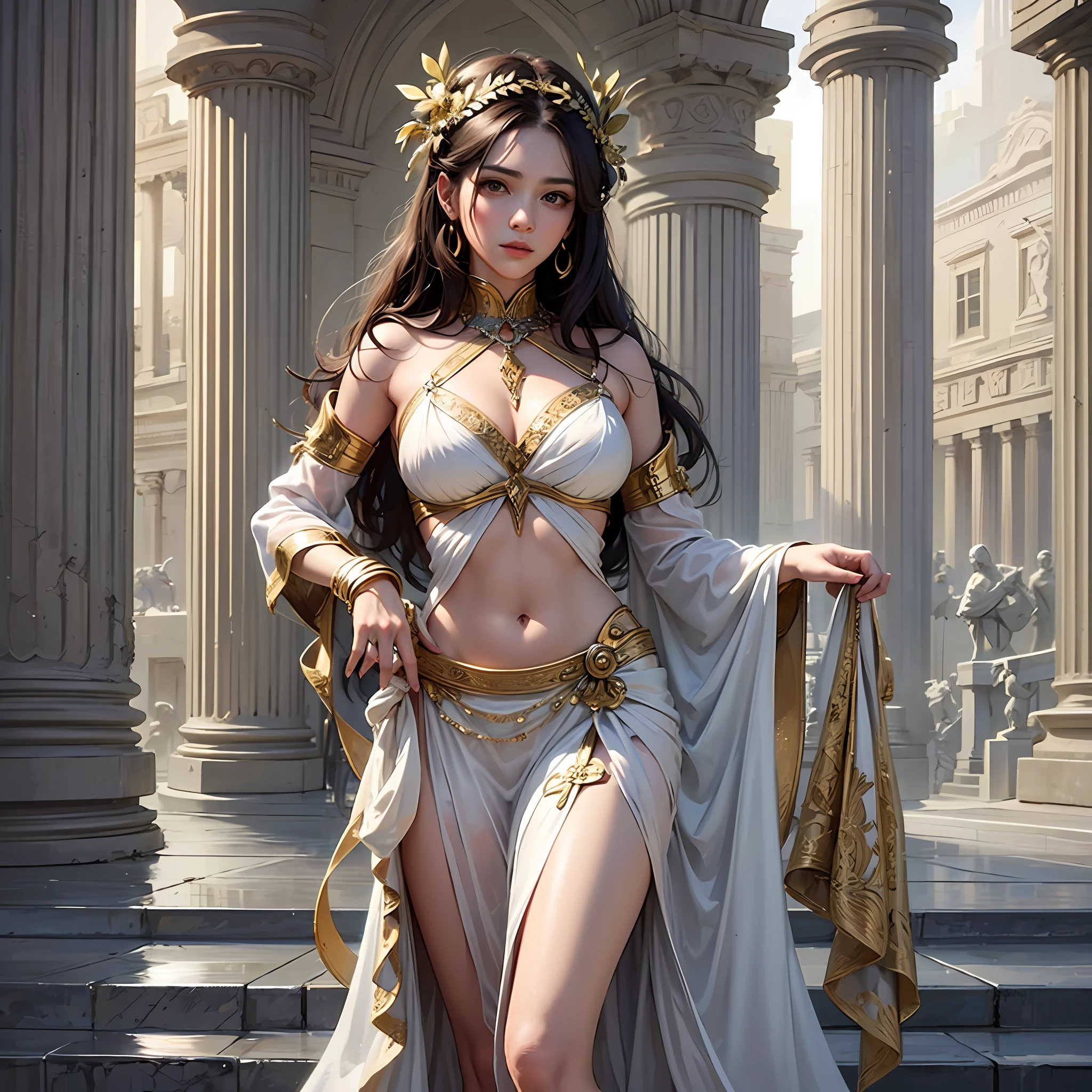 (masterpiece), (best quality), photorealism, realistic, ultra detailed, perfect face, perfect body, 1girl, beautiful girl, Greek goddess, Greek clothes,peplos, stand, sexy