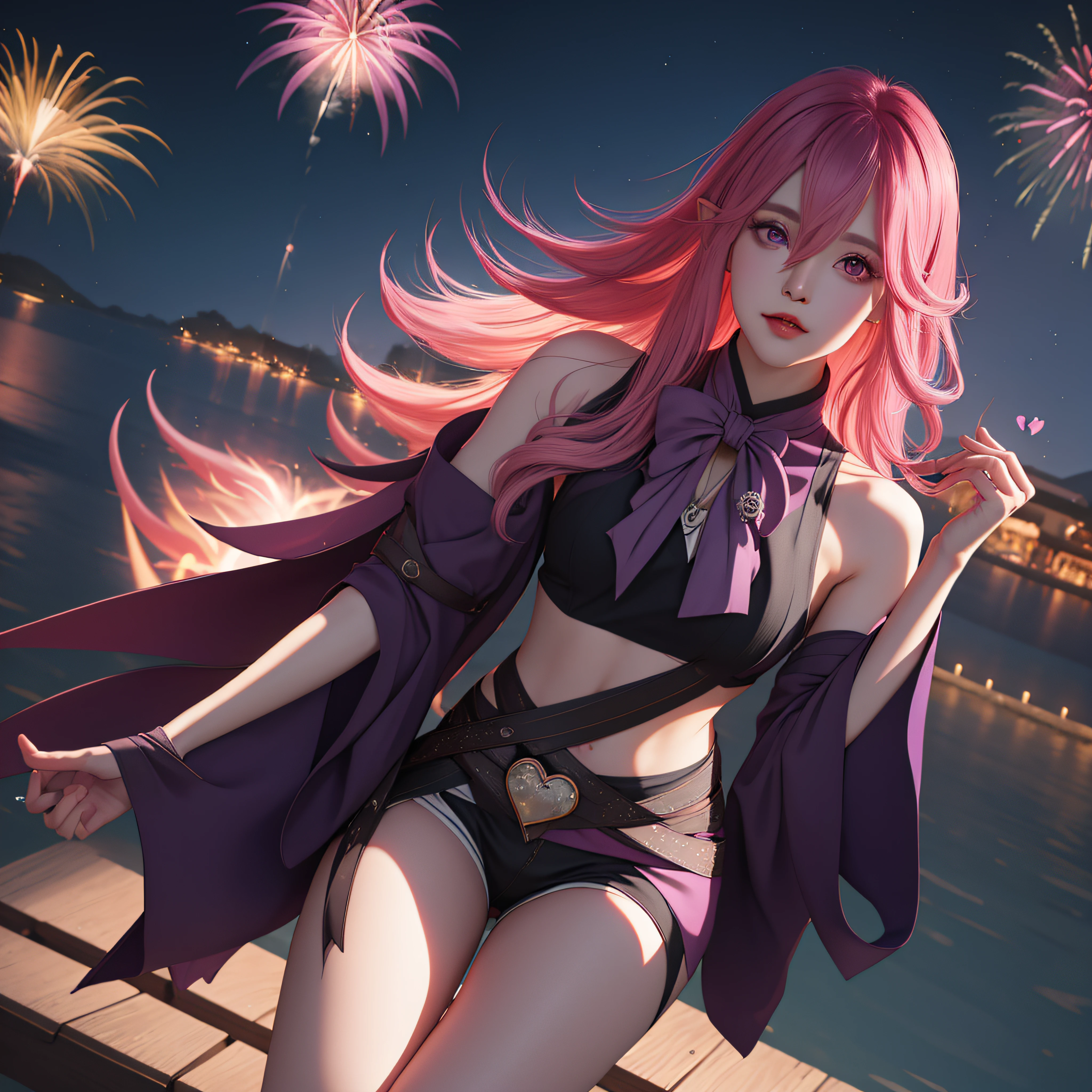 Keera, 1girl, pink hair, hair spread out, hair between eyes, very long hair, bowtie, parted lips, pointy ear, purple eyes, sleeves past wrists, black sleeves, black shorts, belt, detached sleeves, ahoge, heart necklace, navel, smile, looking at viewer, lily \(flower\),(fireworks),(aerial fireworks),firework background,(night),shrine,lake, light reflection \(water\), standing, from below,fiction art, RAW photo, hanfu picture, best photo, best photo quality, 8k quality, 8k ultra, super realistic, real photo most economical, the goddess poses sexy and seductive,