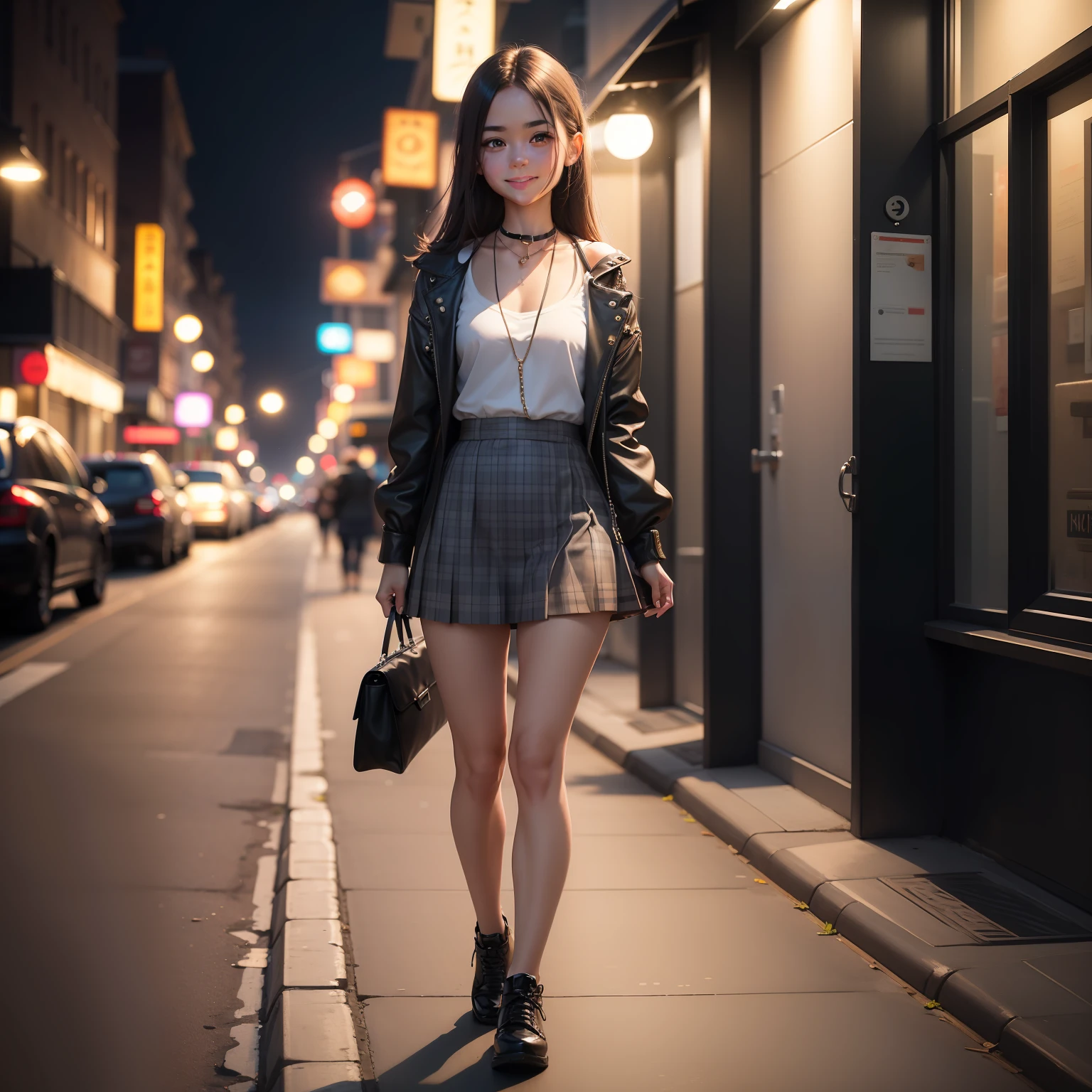 A photograph of a incredibly charming girl with a modern stylish ,jim short skirt ,with full body , small chain in hand and in the neck, cool face and smile ,in the style of realist,at 4k resolution,highly detail skinned ,nature color,night out ,wallpaper,ar16;9.
