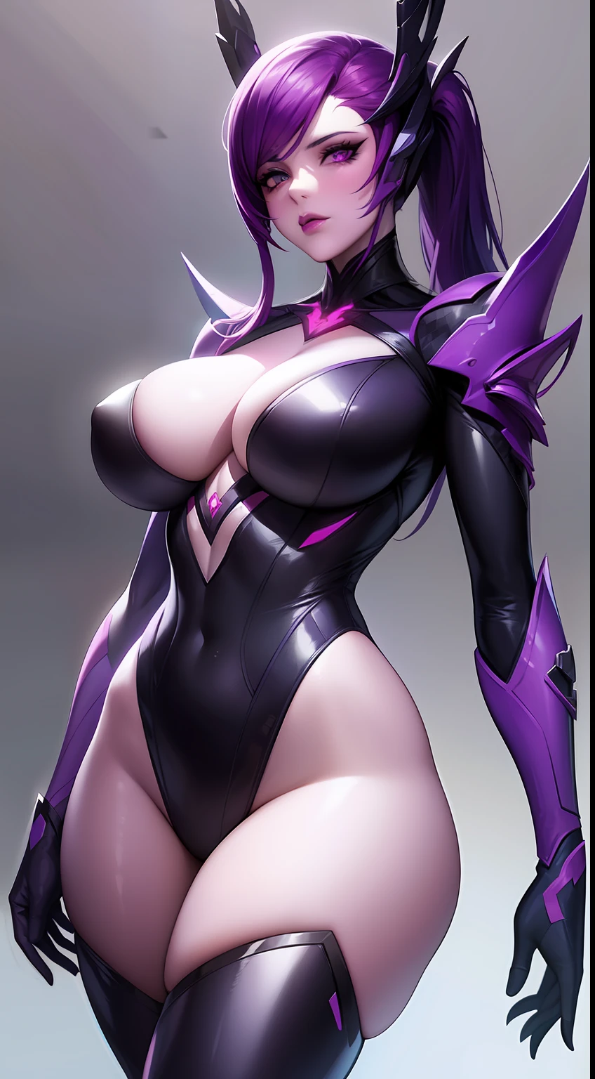 Big anime character with a sharp whip and purple skin and purple hair, thick smooth warframe thighs, Guyver Style, fuchsia skin below the armor, Beautiful Lady in Warframe, SFW version, gynoid body, Commission for high resolution, Widowmaker, Widowed ex-lover, fuchsia skin below the armor