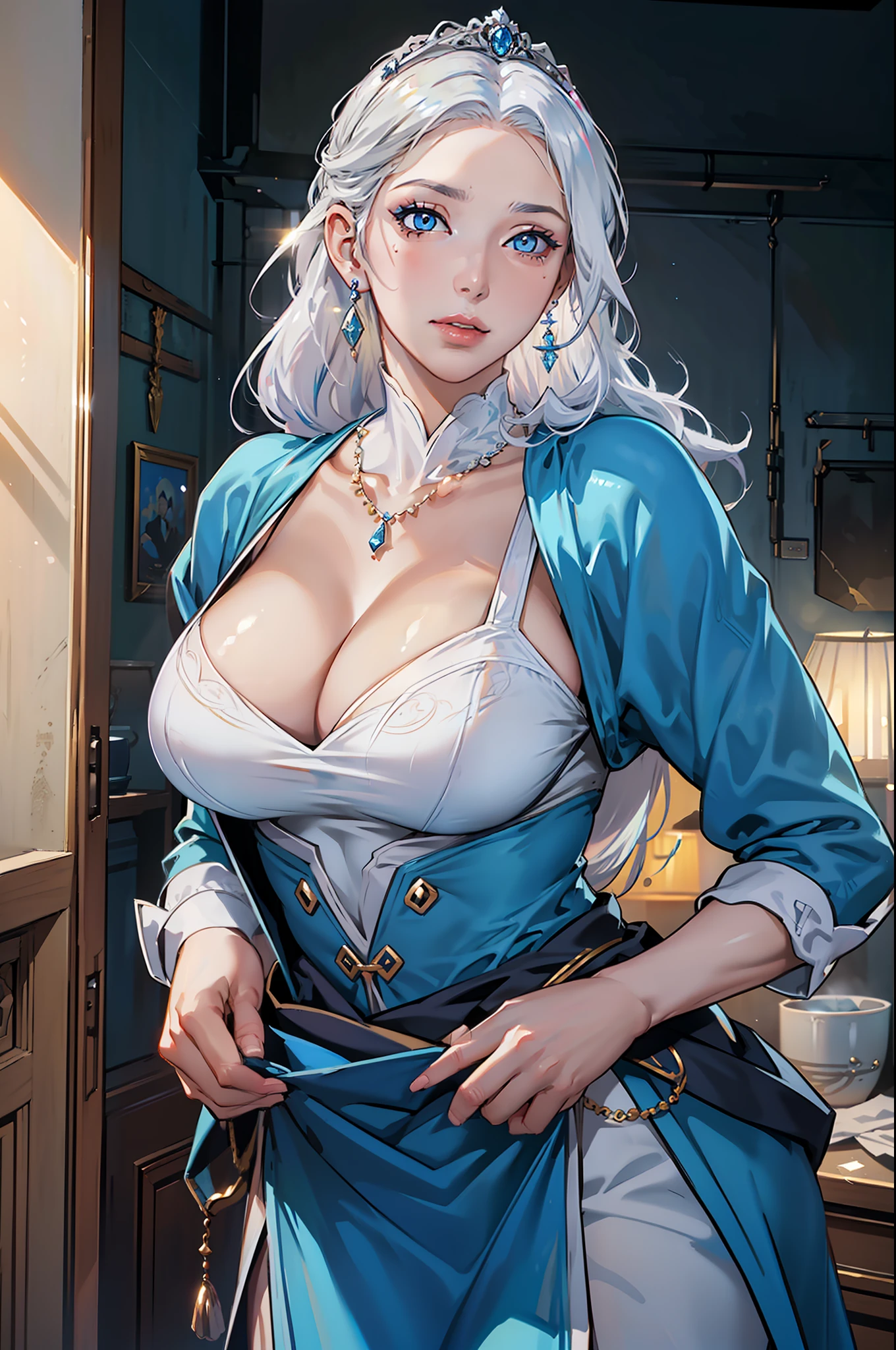( HDR,UHD,8K, Best quality, Highly detailed, Hyfine Painting, Extreme Detail Description, Vivid Colors, Professional, Edge Light, Volume Lighting, Movie Lighting, Lens Flare, emo Lighting, Tyndall Effect, Light Leakage, Usable Light, Background Light,)1girl, breasts, jewelry, curtains, necklace, long_hair, solo, looking_at_viewer, white_hair, blue_eyes, tiara, earrings, large_breasts, cleavage, makeup,