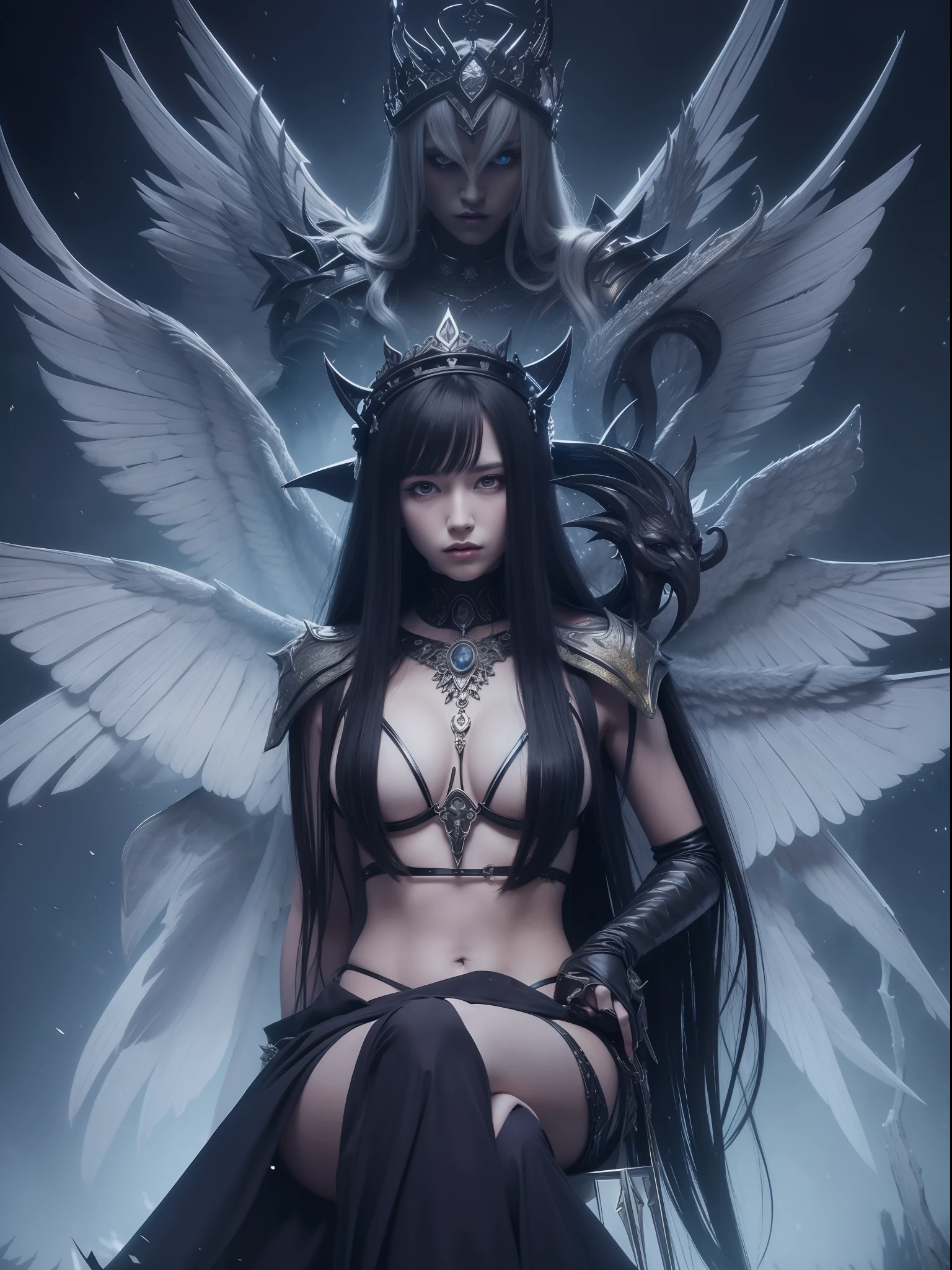 The demons，goddes，A queen，a throne，wings，Long hair，Devil hair ornaments，Raised sexy，Tall，high and cold，Domineering，armor，large scene，Dark tones，Light and dark，high detal，high qulity，8K quality