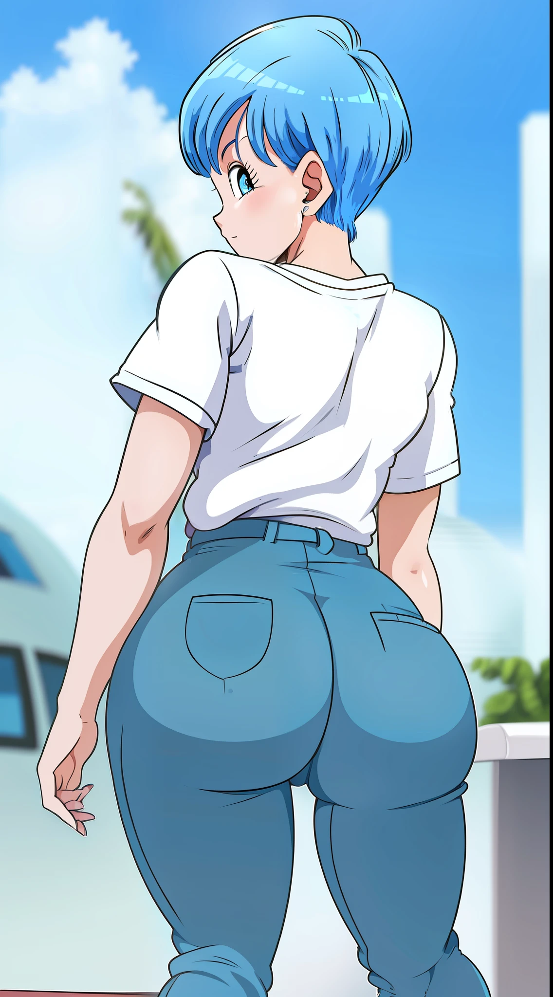 Bulma wearing blue pants,white shirt showing off his ass in a crouched back position , bunda detalhada, bunda volumosa,focar na bunda, sapatos detalhados, corpo detalhado,focar nas costas, rosto detalhado, roupa detalhada,Full HD,desenho anime, marcando na calcinha