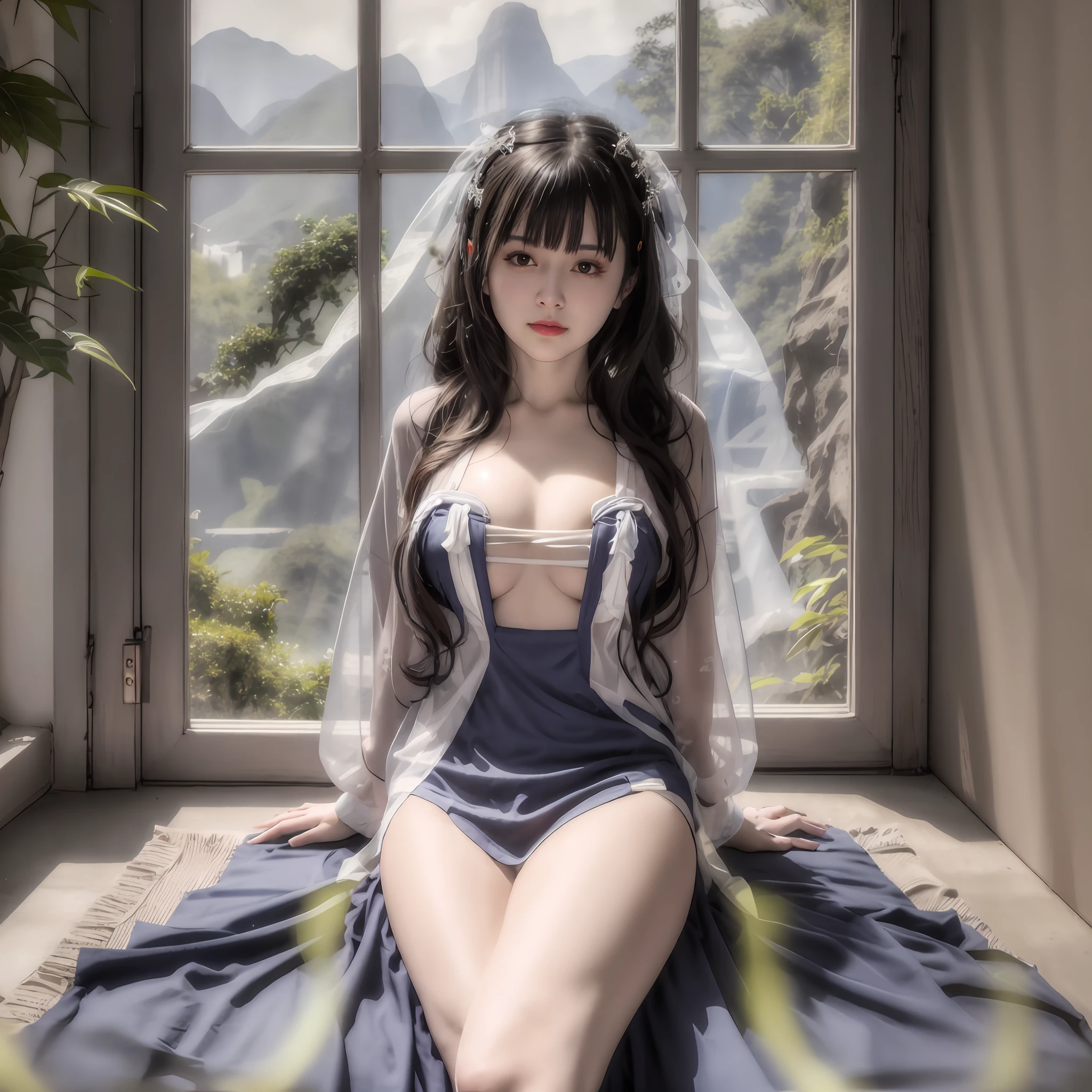 tmasterpiece， Best quality at best， aponia_outfit， 1girll， 独奏， looking at viewert， nedium breasts， white backgrounid， eBlue eyes，big cleavage breasts， simple backgound， ssmile， Sat down， lewd nun， veils， black color dress， breast curtains， Separate sleeves， longer sleeves， frilld， pelvis curtain， Borderless clothing， Butterfly dress，are standing，On your stomach，Random actions，F cup chest
