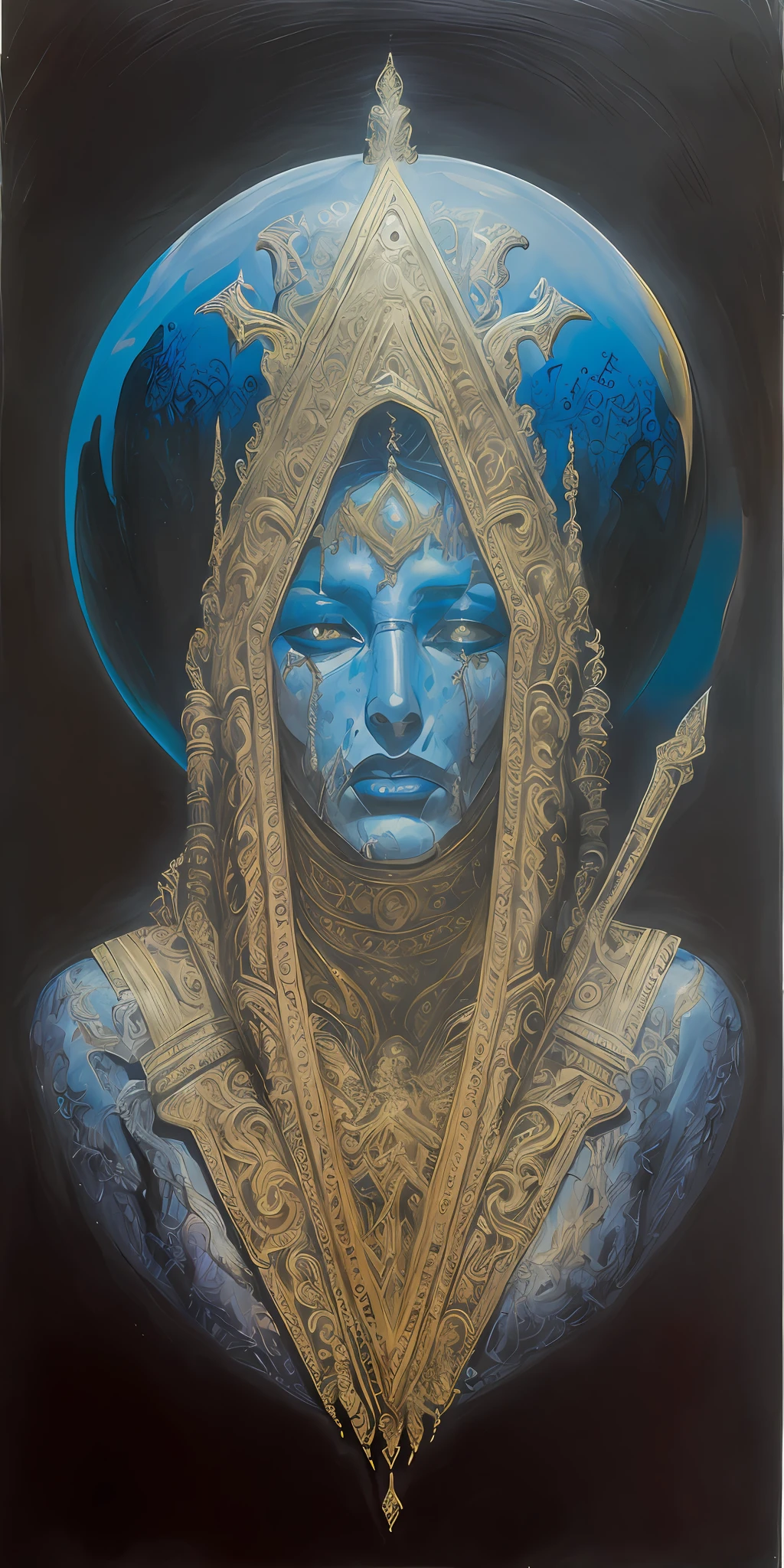 methurlant, A portrait of a alien, (intricate, atmospheric, surreal, gritty, cinematic, stylized, contrast, comic, eerie, stylized, cybernetic, futuristic, dystopian), Blizzard, ,  Ladders,Empty chairs,Chessboard, Mysterious,Morbid,Ghoulish,  metalic skin, (Polychromatic:1.1), (Golden ratio:1.1),  (Sfumato:1.1), (Reflected light:1.2), Ice, Sphere, ultra detailed, intricate, oil on canvas, dry brush, (surrealism:1.1), (disturbing:1.1)