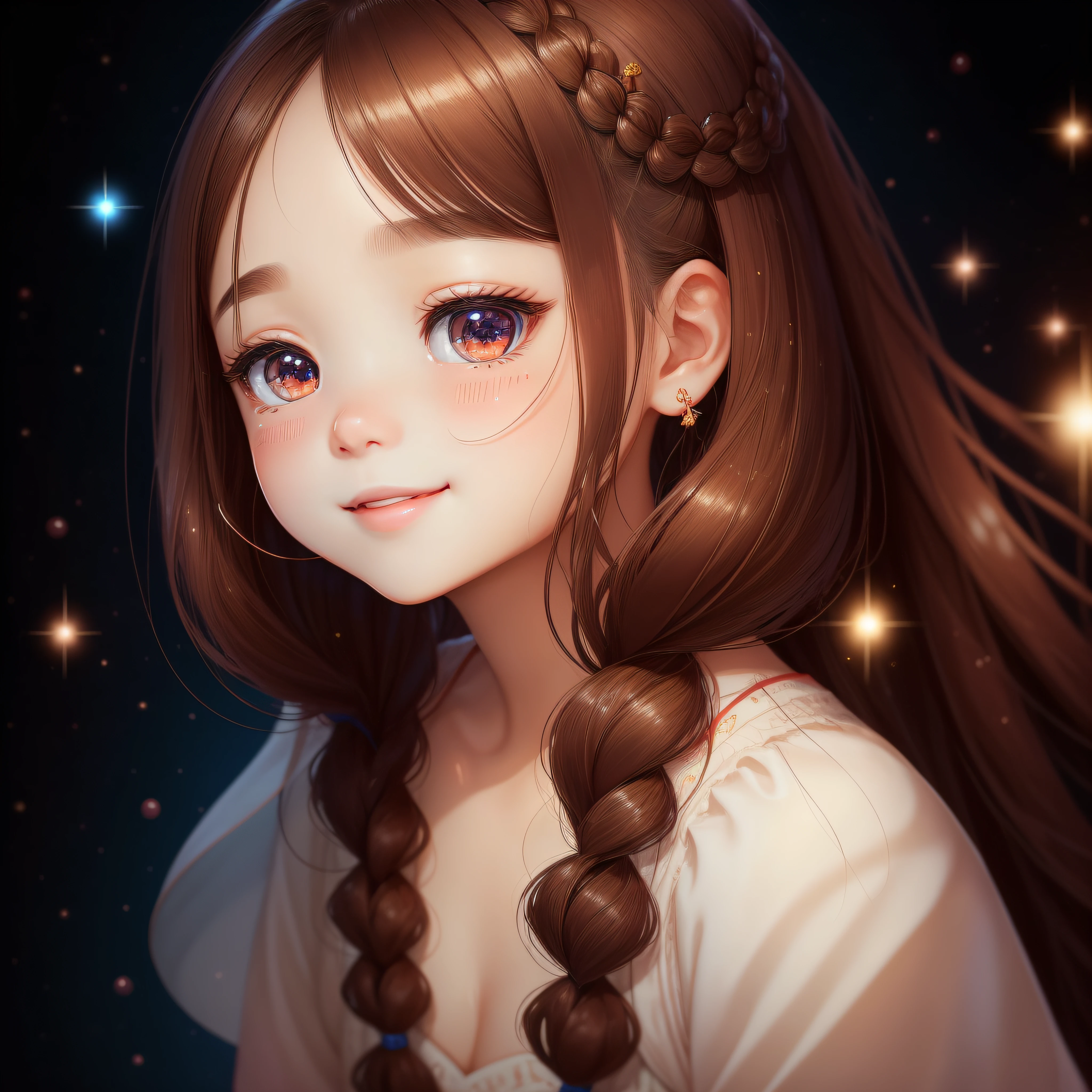 Very beautiful goddess with a slim face, (Brown shiny hair, With front fringe and braided hair), (round and large eyes, Double eyelids, and smiling), (round sparkly eyes, deep blue with shades,,,,), (Cheeks with dimples, rosy cheeks), (small mouth, Cute and a little open、glossy red lips)、She first of all has a pale face。On its face、Brown shiny hair hangs down、Bangs hanging on the forehead。Moreover、Her hair must be in braids.。Her eyes are round and large、And double eyes are characteristic。Because I smile、Her eyes look so adorable。pure、Its eyes are dark blue.、Looks shiny。There are dimples on her cheeks.、Red cheeks look cute.。Butterflies fluttering on a very sparkly light background。shine、Colorful luster、
Her little mouth is cute、Features a half-open mouth that looks like a smile.。As if painted red, Shiny Lip Balm、Her lips look attractive。
Together, These characteristics、A very beautiful goddess is depicted。In addition to her attractive appearance、Personality and individuality must also be great。