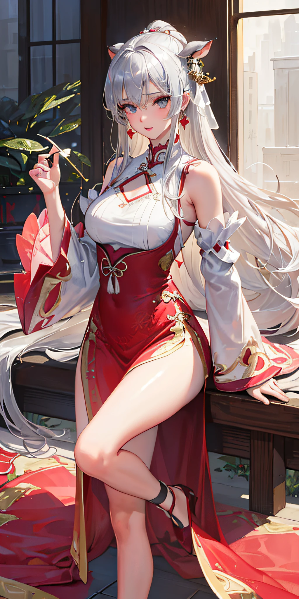 (photo-realistic,ultrarealistic8kcg:1.2),Perfect artwork,delicate patterns,(best qualtiy,intricately details,extremly intricate:1.2),70mm telephoto lens,(Ultra-detailed),strong lights,light and shadow texture,Texture details,(heartthrob),(Detailed clothing features),choker necklace,Earrings,shairband,Delicate makeup,(one-girl,teens girl，delicate leg，Solo:1.2),woman,Girly,eyes with brightness,little breast,(silber hair,verylonghair:1.4),looki at viewer,cow boy shot,Gorgeous Chinese costumes,reddress,Hanfu,longer sleeves,Wide sleeves,