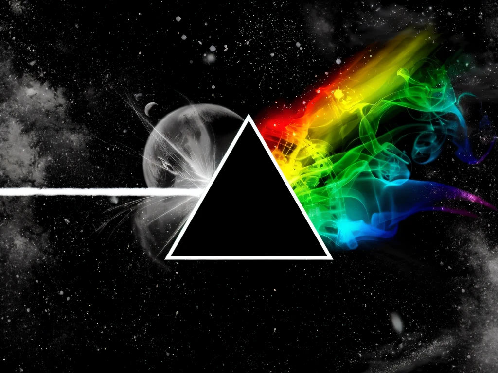 a dark side of the moon with a rainbow prism on it, O lado escuro da lua, prisma, Pink Floyd, Pink Floyd album cover, refraction of the color spectrum, pyramid background, light scattering, lado escuro, high quality desktop wallpaper, 3D style light refraction, highly detailed light refraction, prismatic lights, papel de parede de alta qualidade, papel de parede do pc