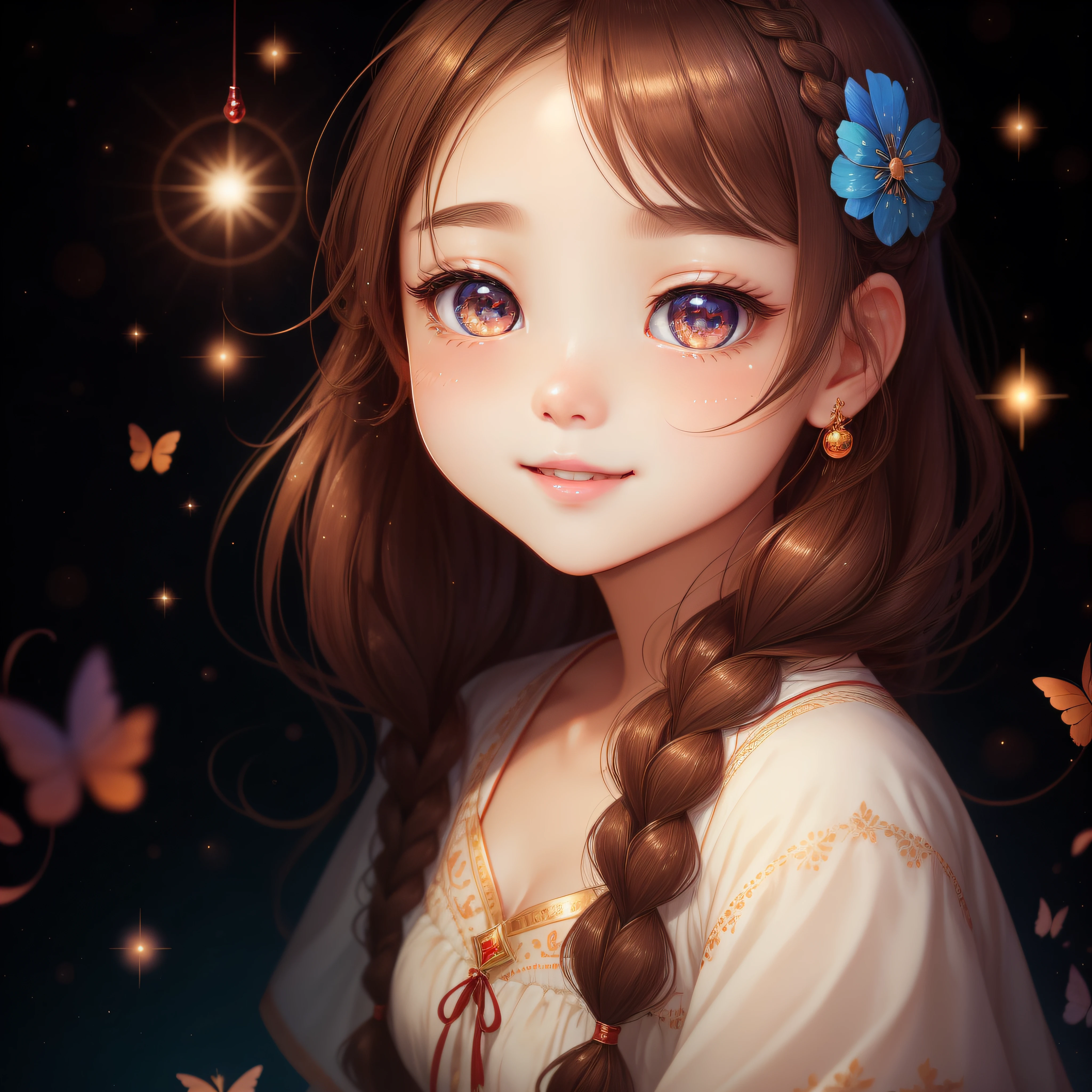 Very beautiful goddess with a slim face, (Brown shiny hair, With front fringe and braided hair), (round and large eyes, Double eyelids, and smiling), (round sparkly eyes, deep blue with shades,,,,), (Cheeks with dimples, rosy cheeks), (small mouth, Cute and a little open、glossy red lips)、She first of all has a pale face。On its face、Brown shiny hair hangs down、Bangs hanging on the forehead。Moreover、Her hair must be in braids.。Her eyes are round and large、And double eyes are characteristic。Because I smile、Her eyes look so adorable。pure、Its eyes are dark blue.、Looks shiny。There are dimples on her cheeks.、Red cheeks look cute.。Butterflies fluttering on a very sparkly light background。shine、Colorful luster、
Her little mouth is cute、Features a half-open mouth that looks like a smile.。As if painted red, Shiny Lip Balm、Her lips look attractive。
Together, These characteristics、A very beautiful goddess is depicted。In addition to her attractive appearance、Personality and individuality must also be great。